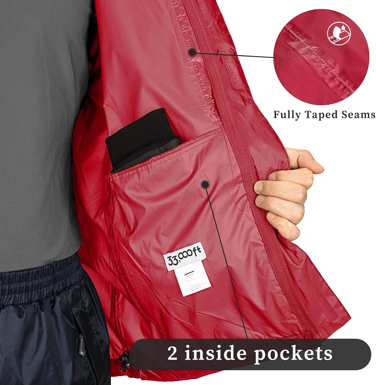 33,000ft Men's Packable Rain Jacket Lightweight Waterproof Golf Raincoat