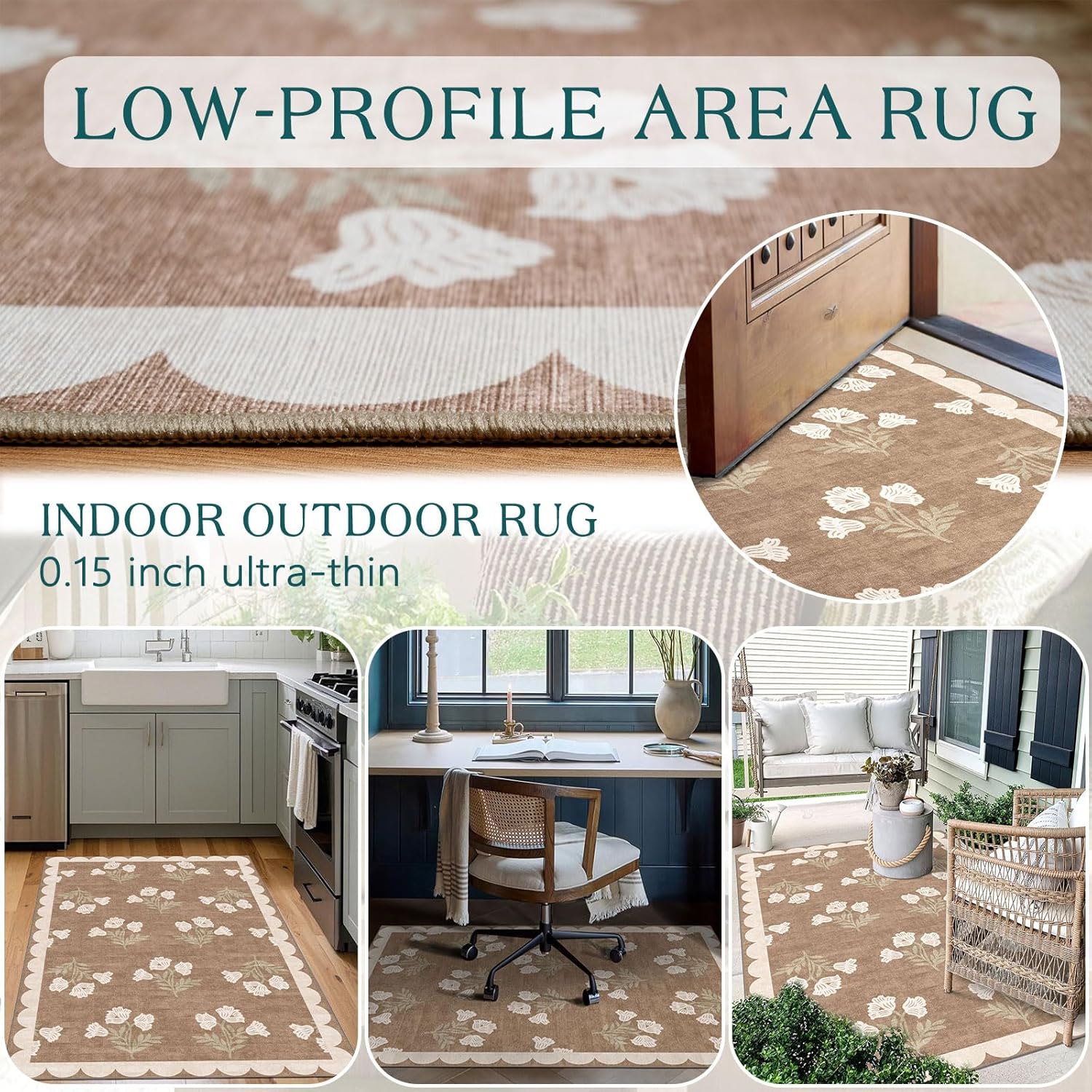 3x5 Floral Entry Rug - Small Washable Indoor Outdoor Mats for Front Door Non-Slip Porch Rug Tan Boho Neutral Farmhouse Throw Rugs for Living Room Bedroom Entryway Kitchen Office Porch Decor