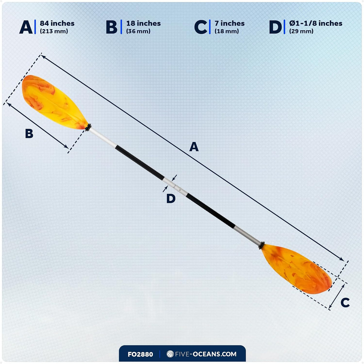 Five Oceans Kayak Paddles, 84" - 7ft Kayak Fishing Paddle, Detachable Heavy-Duty Aluminum Shaft, Reinforced Fiberglass Blades, 2-Piece Snap-Button, Lightweight Paddle Design for All Kayaks - FO2880