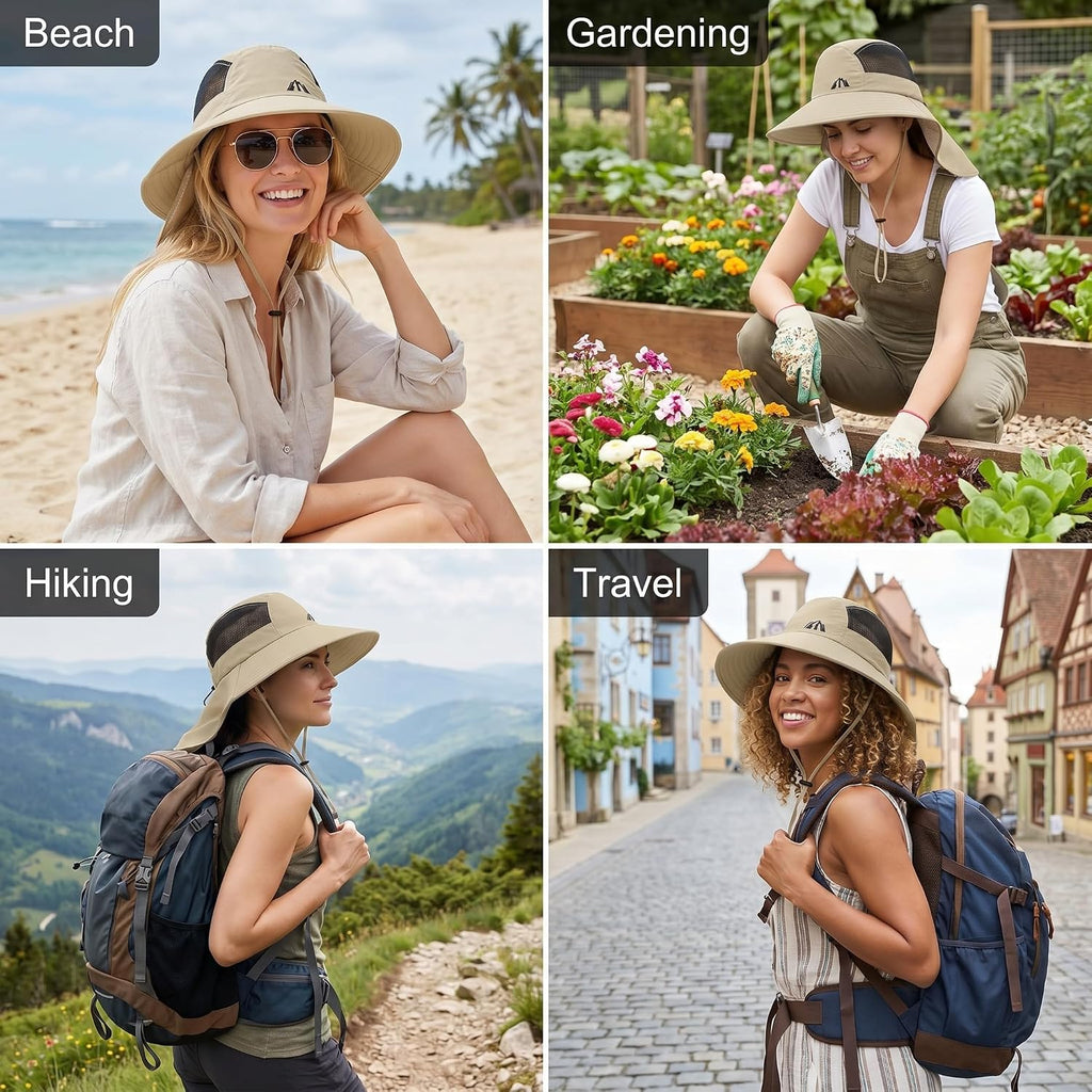 UV Sun Protection Hat Women Foldable Neck Flap Wide Brim Fishing Hat with Ponytail Hole for Women