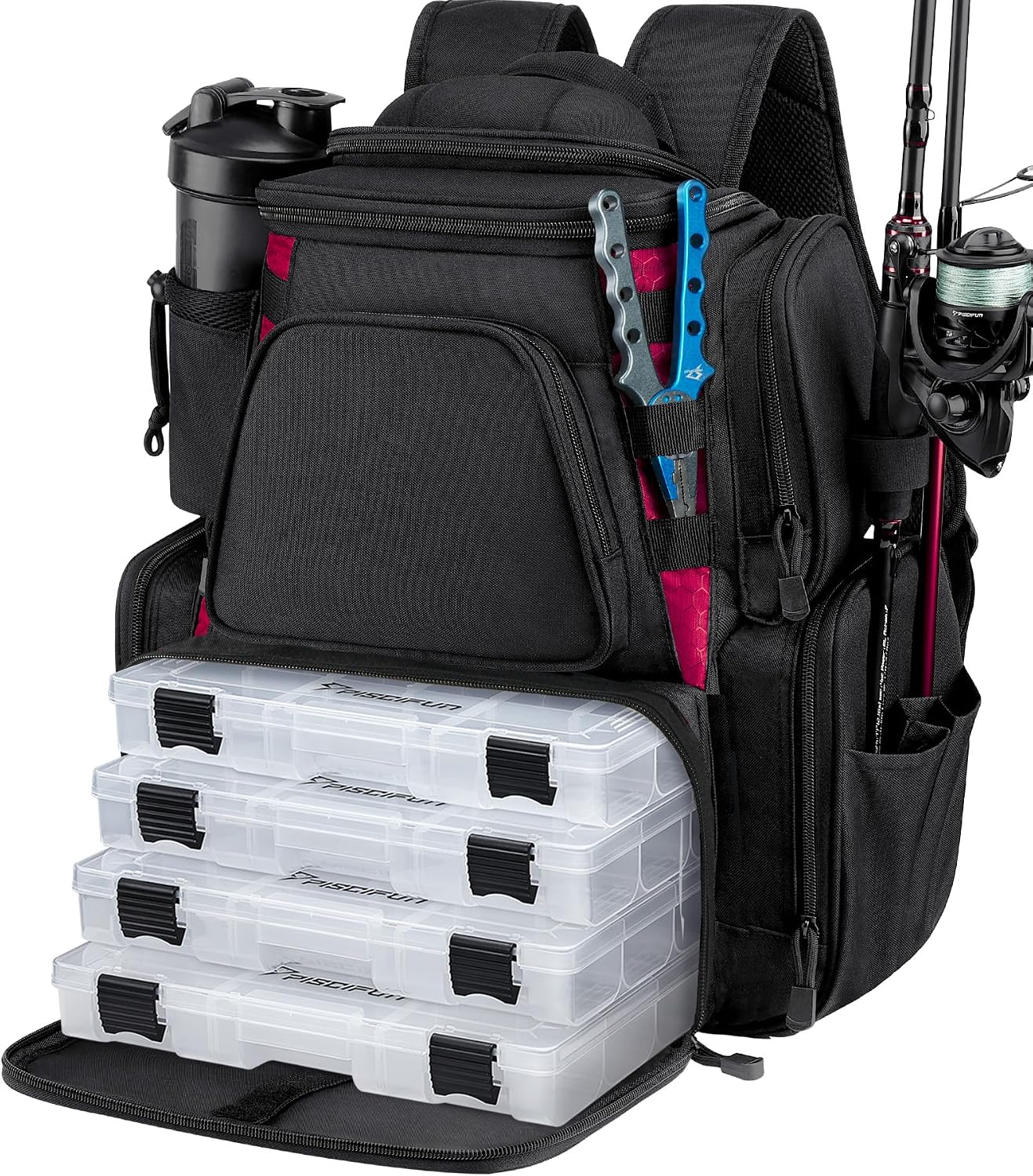 Piscifun Fishing Tackle Backpack with 2 Rod Holders, 4 Boxes & Rain Cover
