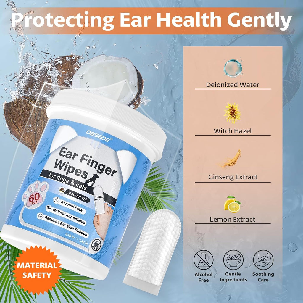 OBSEDE Ear Finger Wipes for Dogs & Cats, 120 Count, Alcohol Free Pet Care