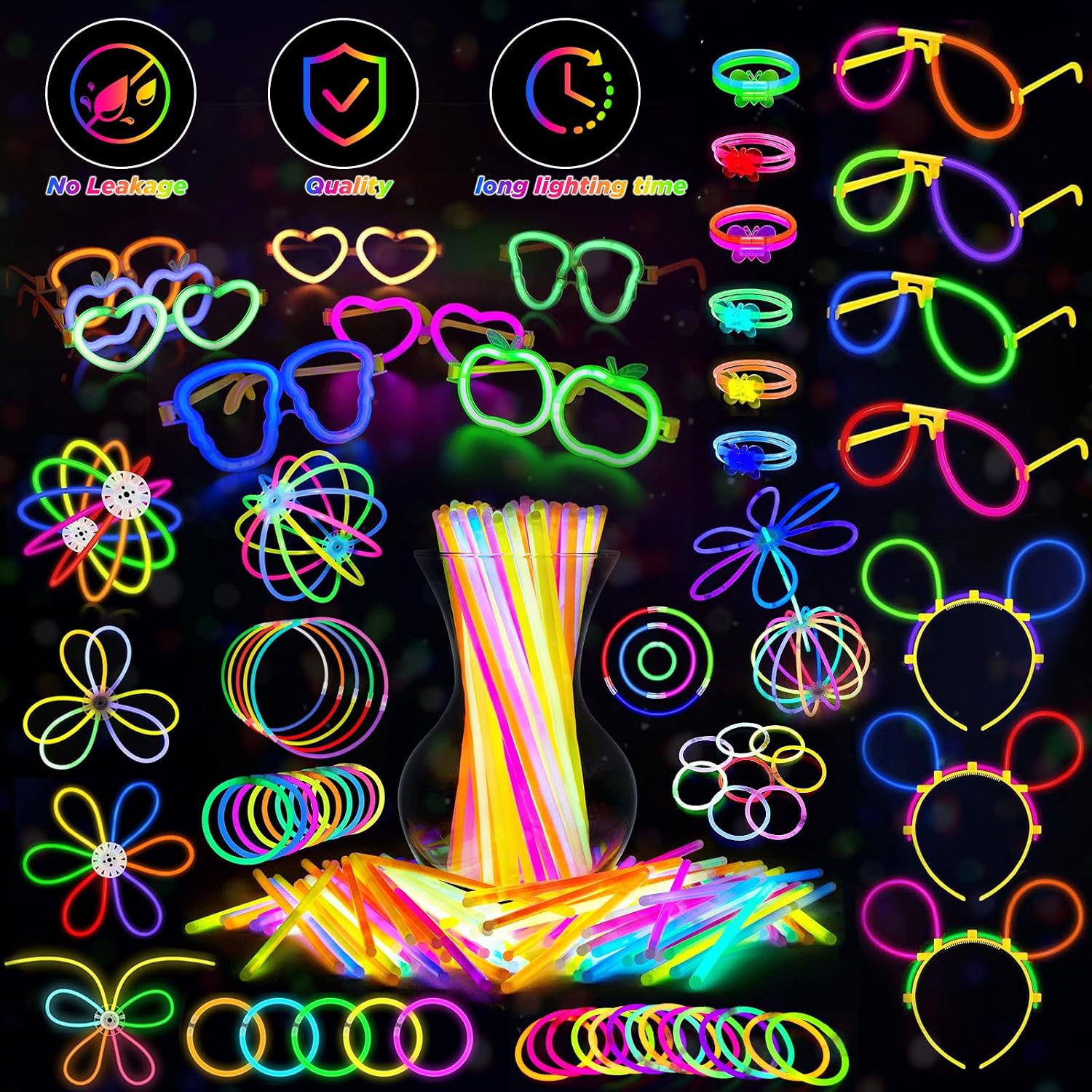 SHQDD Party Supplies, Glow in the Dark Party Favors for Adults Kids, 27 Carnival Accessories, 56 LED Light Up Toys Bulk, 100 Glow Sticks Party Pack, Neon Party Supplies & Decorations