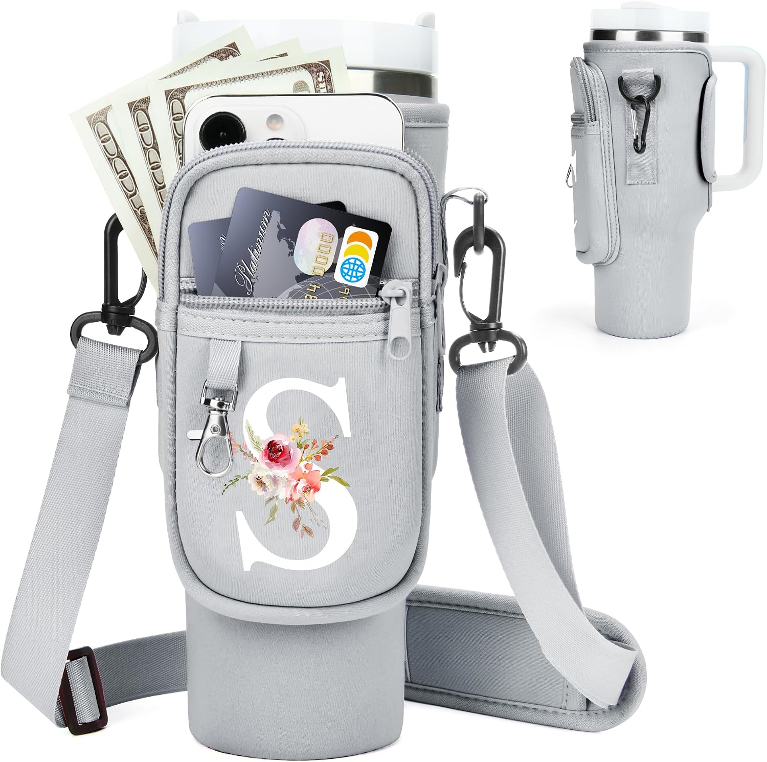 Initial Water Bottle Holder with Strap for Stanley Cup Accessories 40 oz/Simple Modern Tumbler, Birthdays for Women Girls, Water Bottle Carrier Bag with Phone Pocket,Hiking Walking Gym Camping