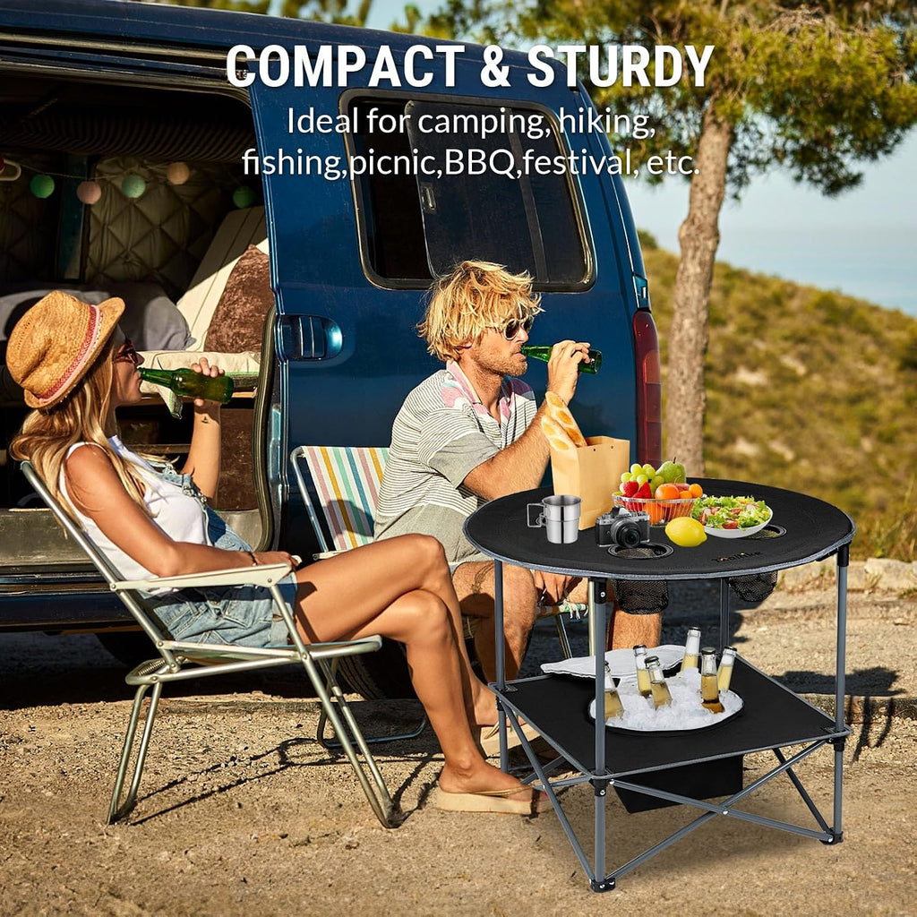 Portable Lightweight Folding Camping Table with Cooler and 4 Large Cup Holders Collapsible Picnic Camp Table Foldable Outdoor Table with Carry Bag for BBQ Tailgating Beach RV Travel Hiking