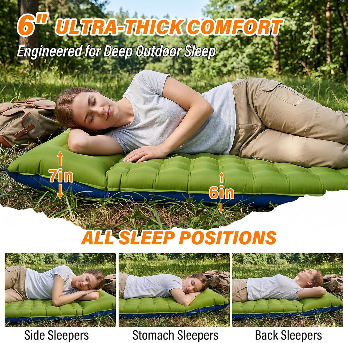 Camping Sleeping Pad, 6 inch Thick Ultralight Camping Mat with Pillow, Built-in Foot Pump Inflatable Sleeping Pads Compact for Camping Backpacking Hiking Traveling Tent,Single,Green