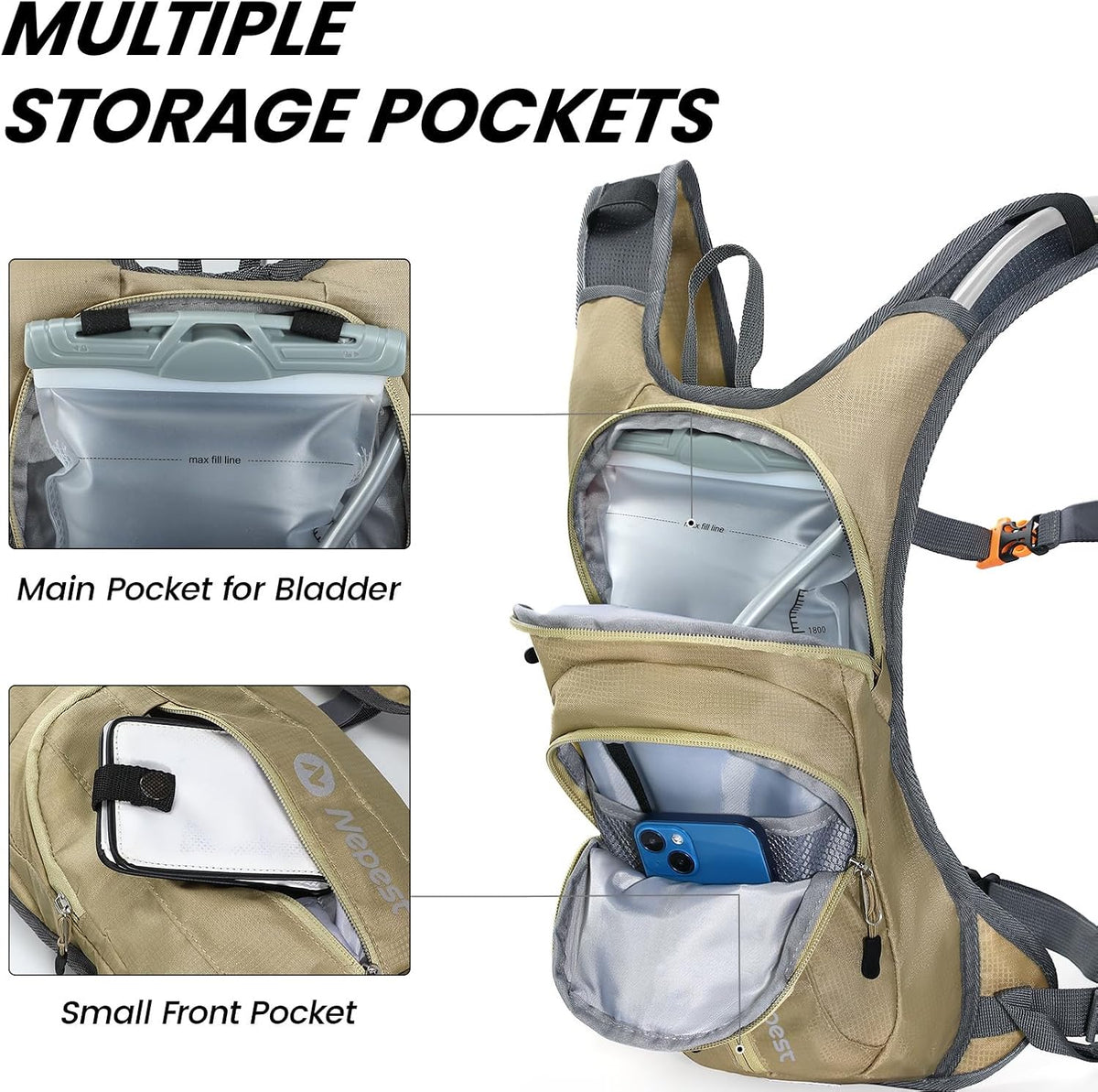 Nepest Hydration Pack Backpack with 2L Water Bladder Reflective Lightweight