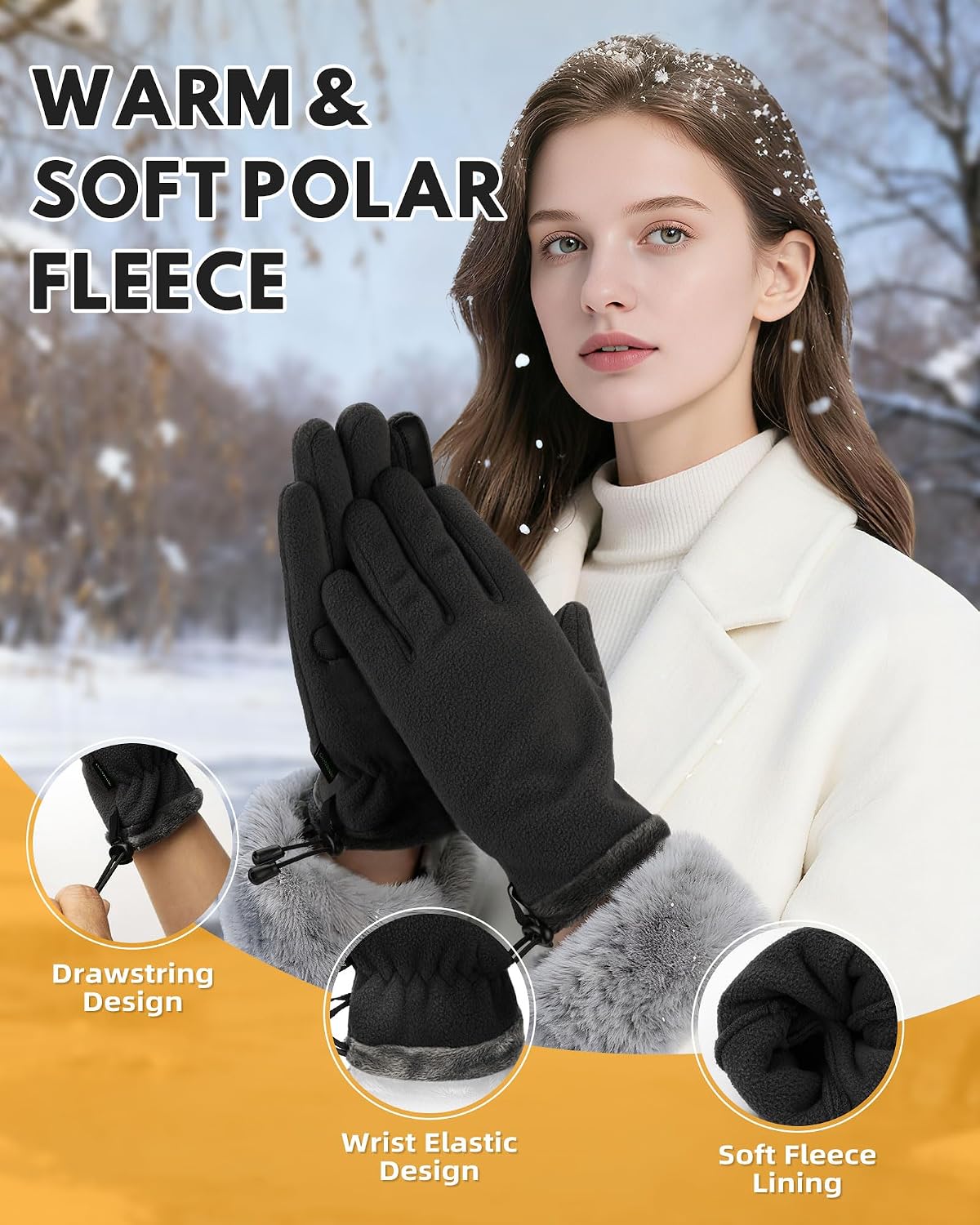 Winter Warm Gloves for Women - Fashion Style Windproof Cuffs Soft fleece - Touchscreen Thermal Flexible Gloves