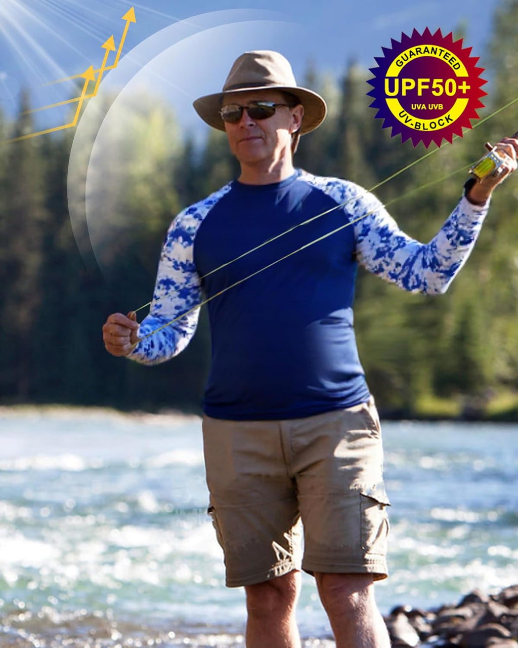 FISHEAL Men's Long Sleeve Fishing Shirts, UPF 50+ Camo Sun Protection Rash Guard, UV Shirt for Swimming Hunting Outdoor