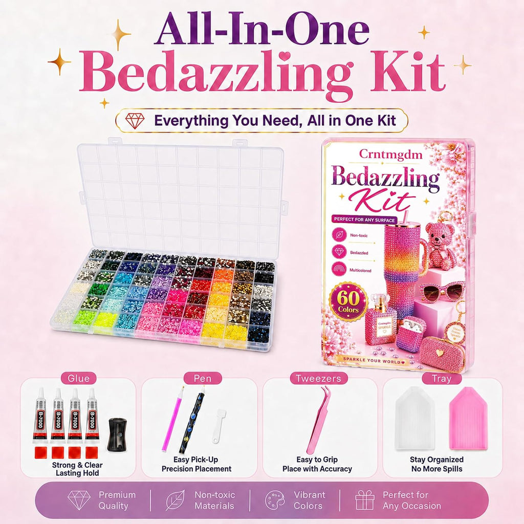 Bedazzling Kit 48000 Pcs, 60 Colors Rhinestone Kit, 3mm Flat Back Resin Rhinestones with B7000 Glue & Tools, All-in-One DIY Craft Kit for Nail Art, Phone Case, Shoes, Scrapbook & Creative Gifts