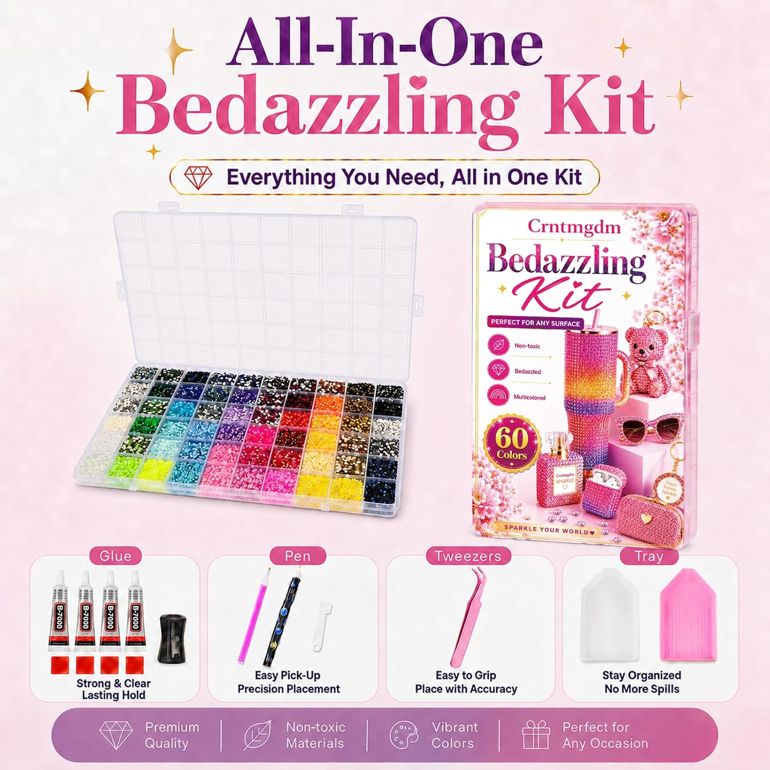 Bedazzling Kit 48000 Pcs, 60 Colors Rhinestone Kit, 3mm Flat Back Resin Rhinestones with B7000 Glue & Tools, All-in-One DIY Craft Kit for Nail Art, Phone Case, Shoes, Scrapbook & Creative Gifts