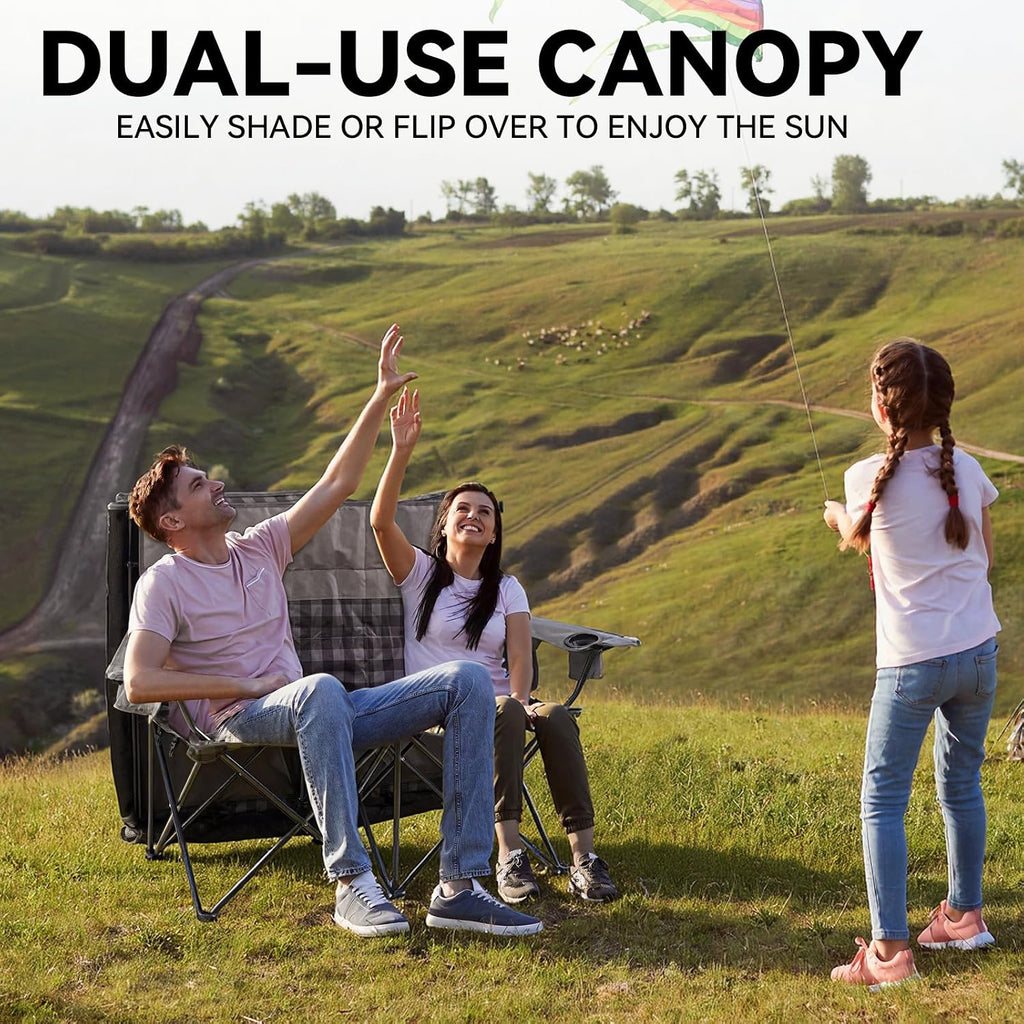 Padded Double Camping Chair With Canopy,Folding Chair Support 450LBS, Grey