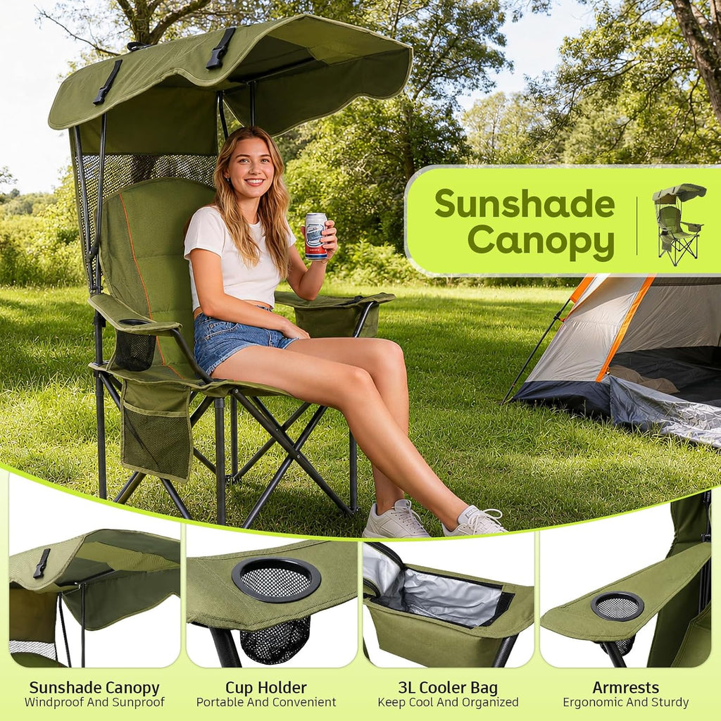 Suteck Camping Chair with Canopy Shade, Folding Outdoor Beach Chairs, Green