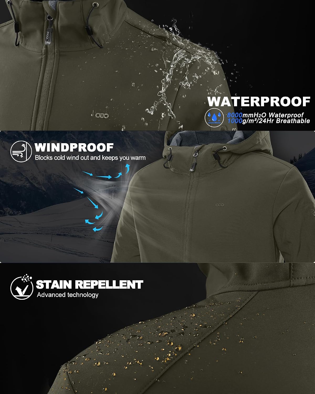33,000ft Men's Hooded Fleece Lined Rain Shell Jacket Waterproof Lightweight