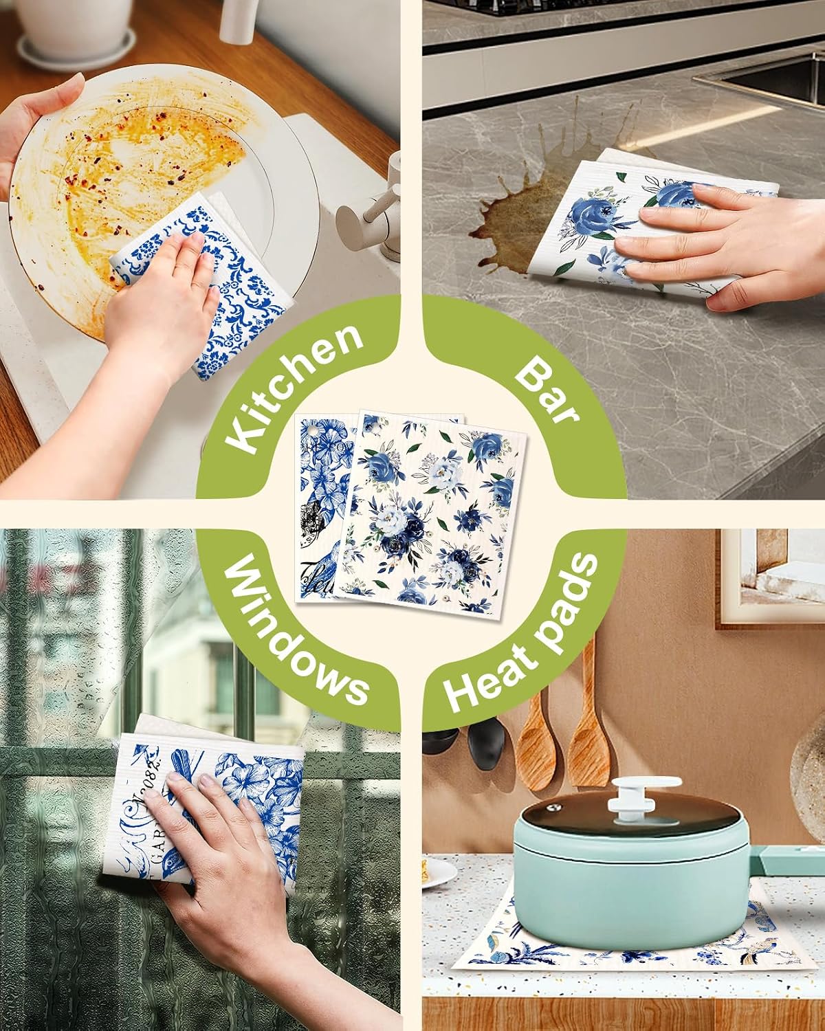 Miss Adola 6 Pack Swedish Dishcloths for Kitchen - Reusable Dish Cloths for Washing Dishes Absorbent Cute Funny Kitchen Towels Cleaning Sponge, Blue Floral