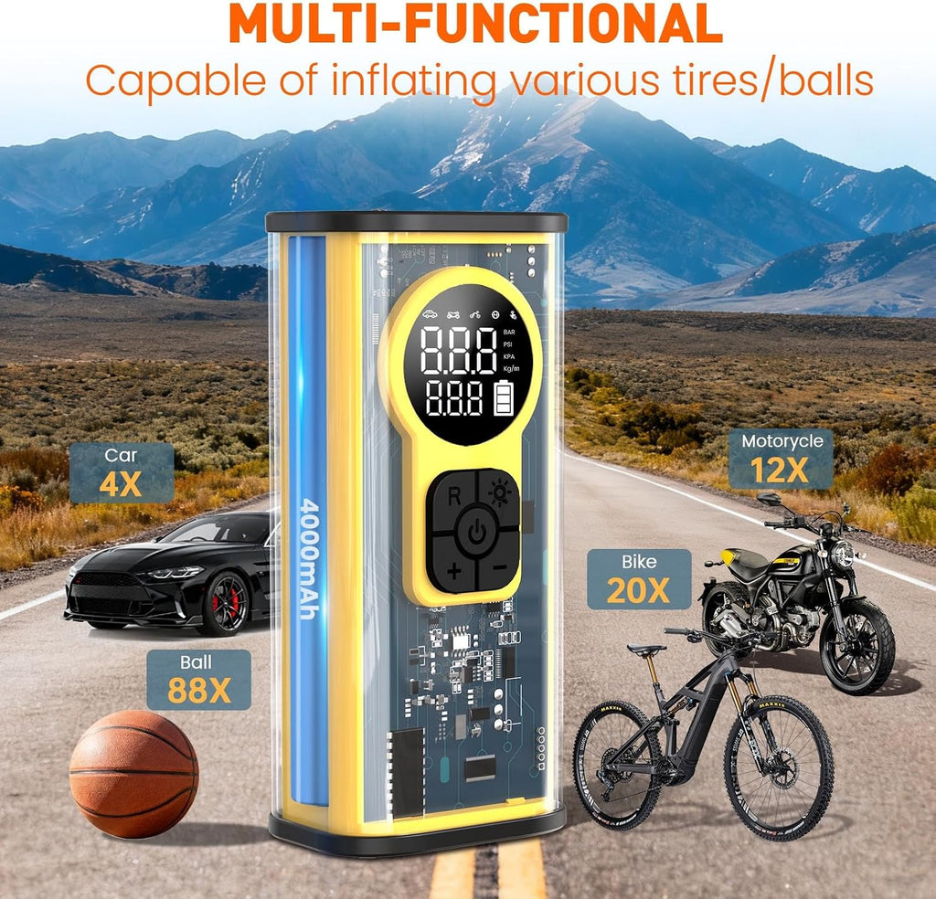 Electric Bike Tire Pump, Portable Electric Air Pump for Road Bicycle, E-Bike, Motorcycle, Car Tires and Sports Ball Inflation