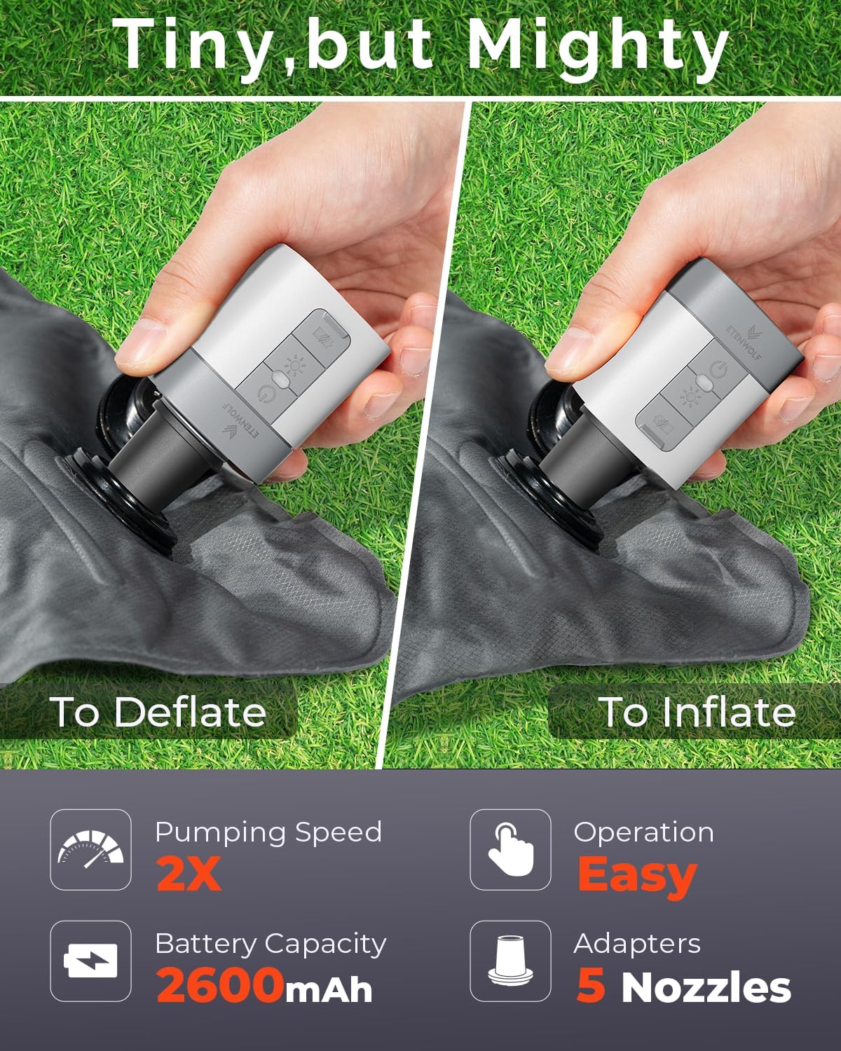 ETENWOLF AIR 3 Air Pump for Inflatables with 2600mAh Battery& Camping Light