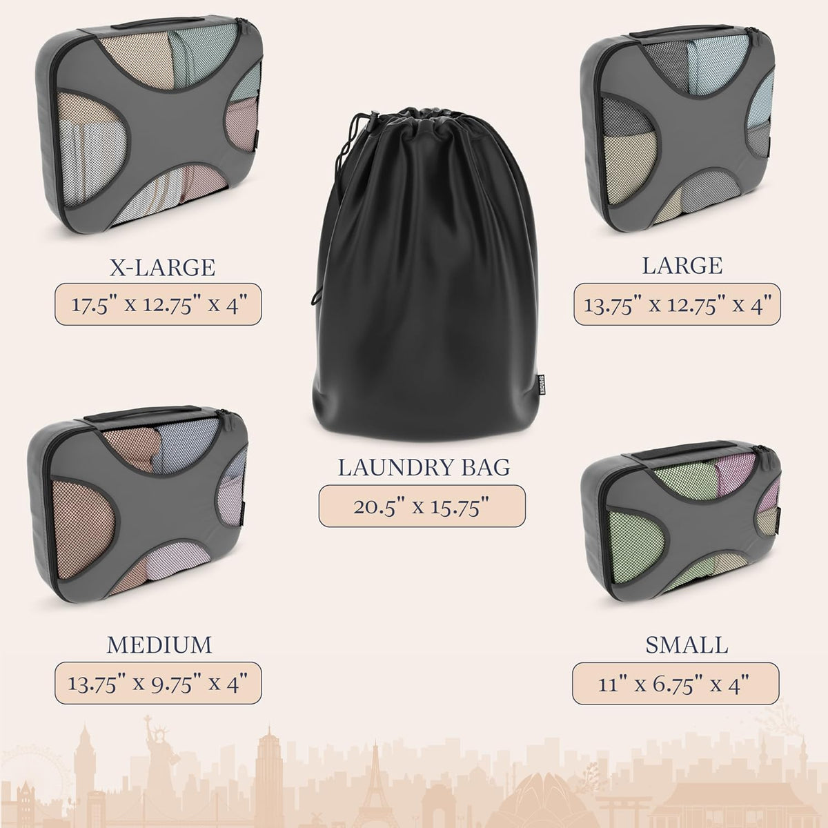Shacke 5 Set Packing Cubes for Travel with Laundry Bag (Dark Grey)