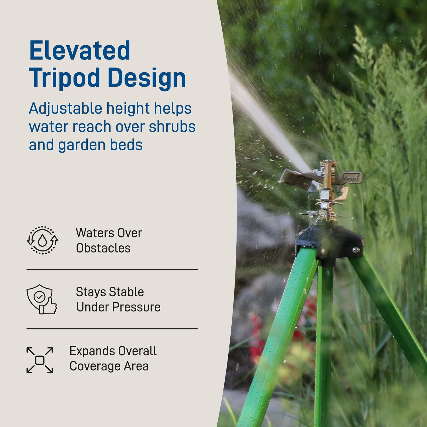 Orbit Tripod Lawn Zinc Impact Sprinkler - 360 Degree Rotating Yard Sprinkler with Adjustable Height - Heavy-Duty Zinc - High-Pressure Nozzle - for Large Lawn Coverage - 56667