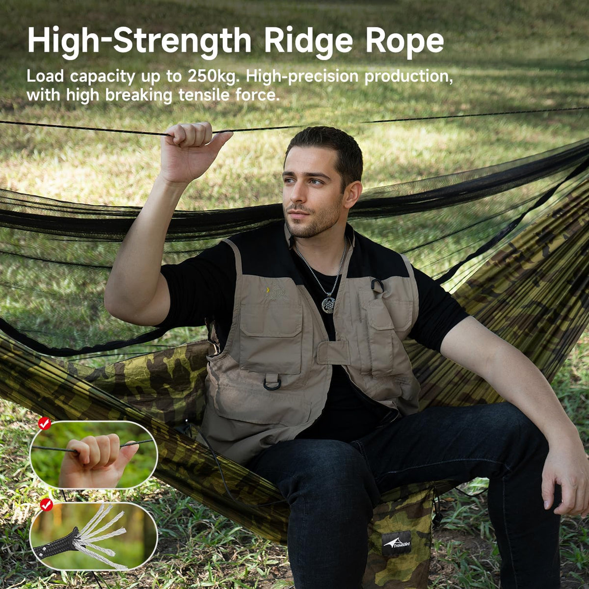Camping Hammock with Mosquito Net and Ridge Rope, 2 Person Extra Large