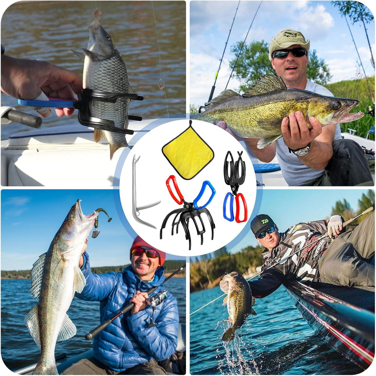 3 Packs Upgrade 2/3 Claw Fish Gripper with Stainless Steel Hook Remover, Metal Fishing Pliers Gripper Catch Control Clamp,Fish Grip Tackle Holder & Steel Dehooker for Freshwater and Saltwater Fishing