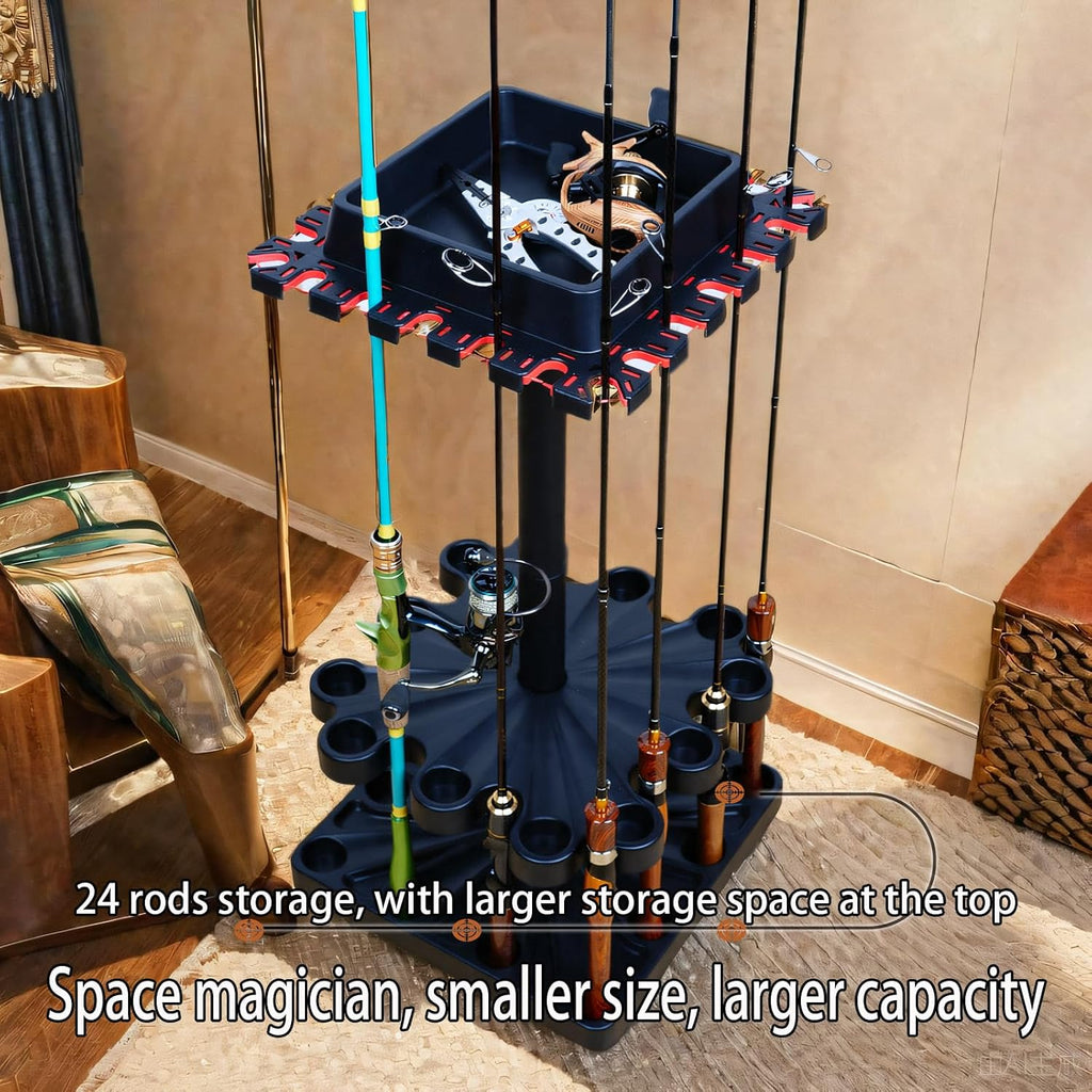 Freestanding Rotating Fishing Rod Rack – No-Drill Lure Rod Stand, Home Display Organizer, Tool-Free Assembly, Holds up to 24 Rods, (With Rolling Wheels)