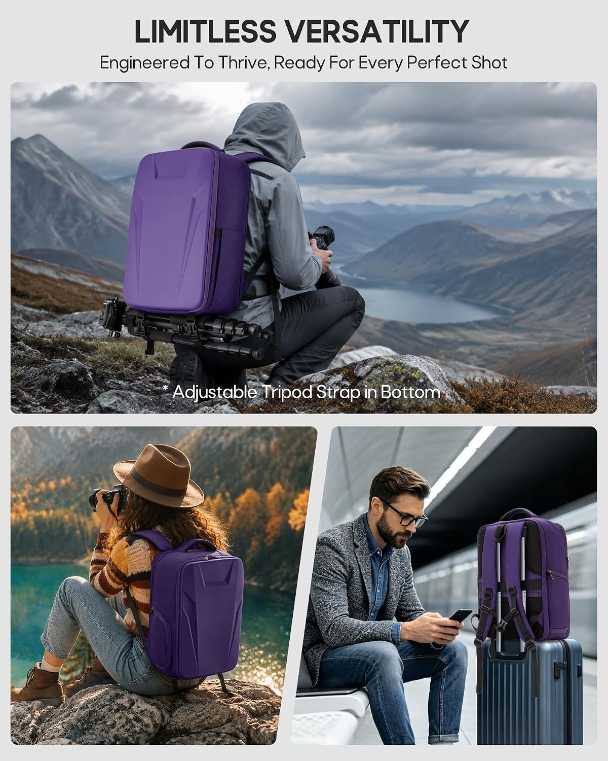 RAINSMORE Camera Backpack,Hardshell Photography DSLR Camera Bag，Purple