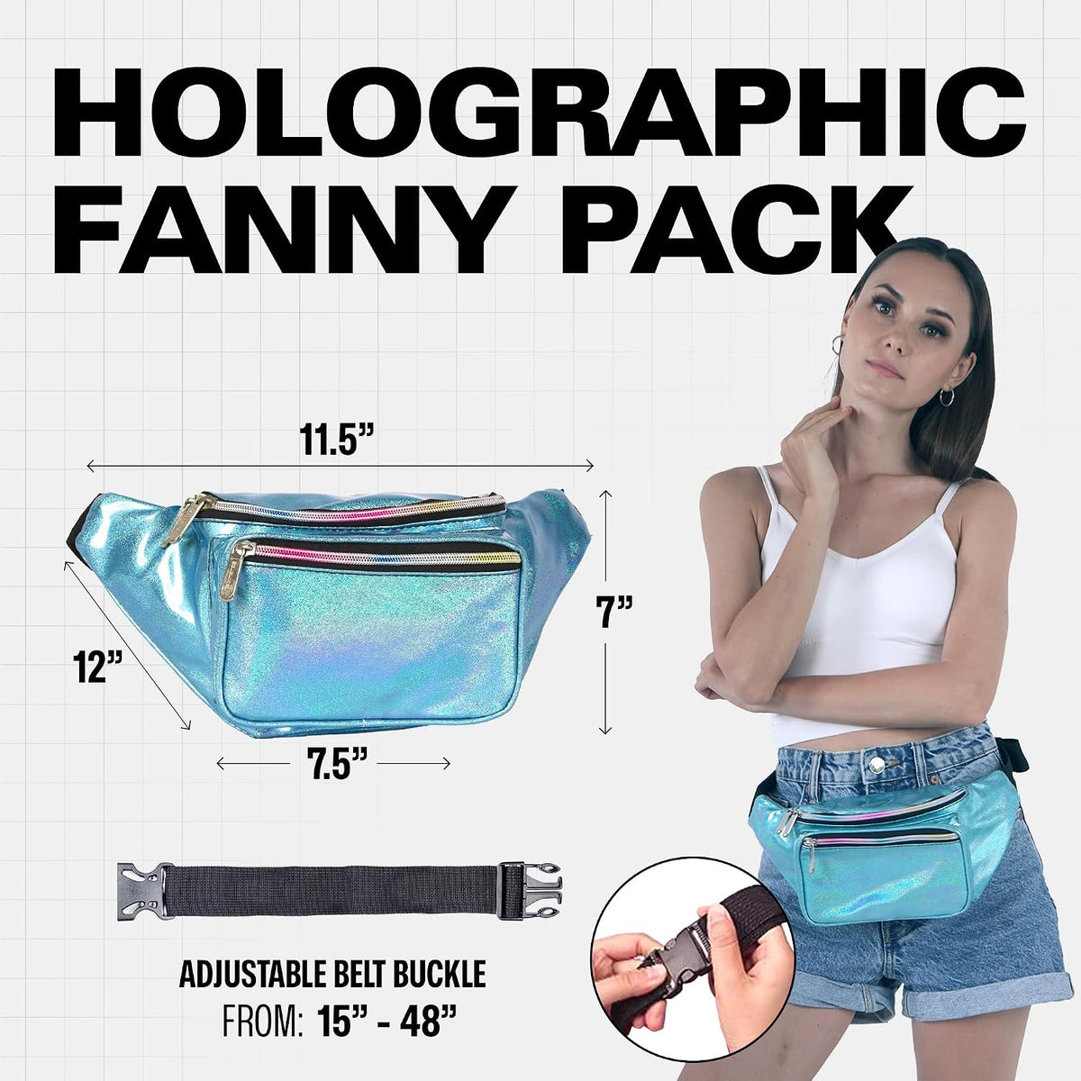 SoJourner Waterproof Holographic Fanny Pack, Blue Glitter