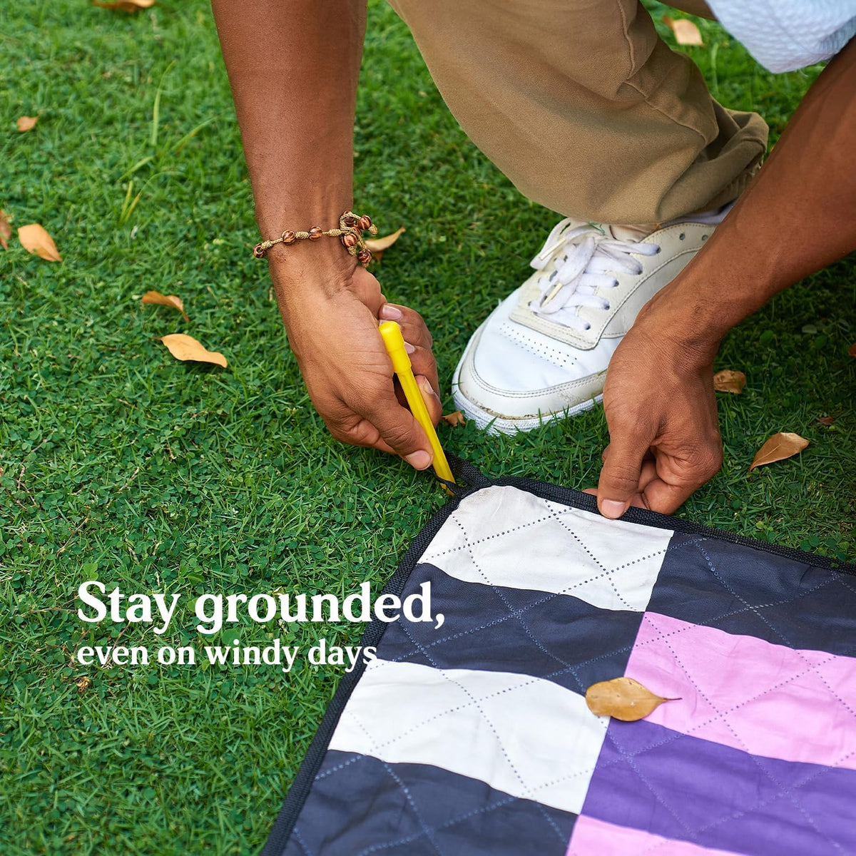 Cozy Club Waterproof Picnic Blanket – Foldable Outdoor Mat 60x70 with Stakes, Pocket & Shoulder Strap | Sandproof Beach Blanket for Festivals, Camping & Travel | Self-Packing | Multicolor | US Brand