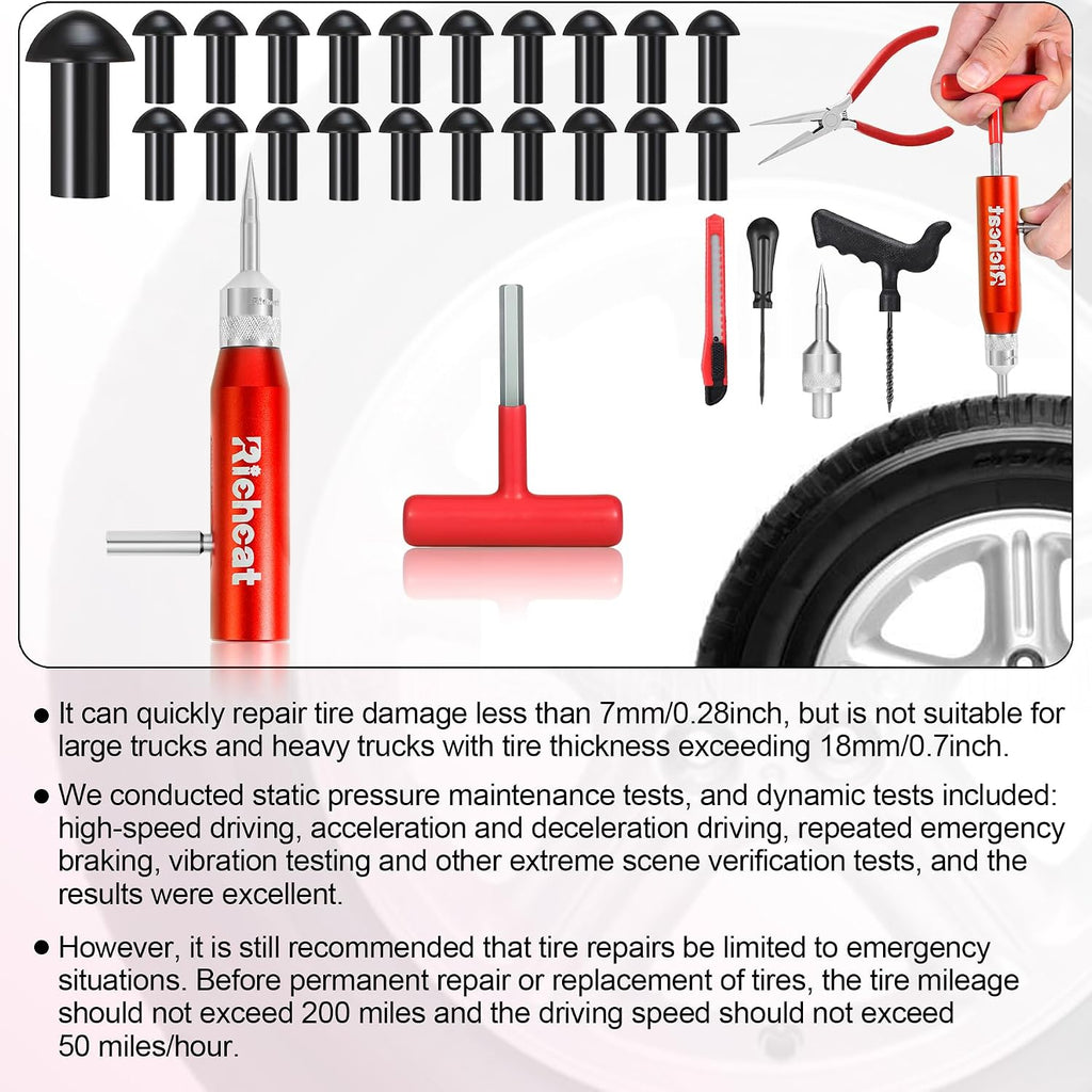 Richcat Tubeless Tire Puncture Repair Kit with Mushroom Plug, Repairs punctures and Flat Tires for Motorcycles, Cars, Trucks, ATVs and Tractors