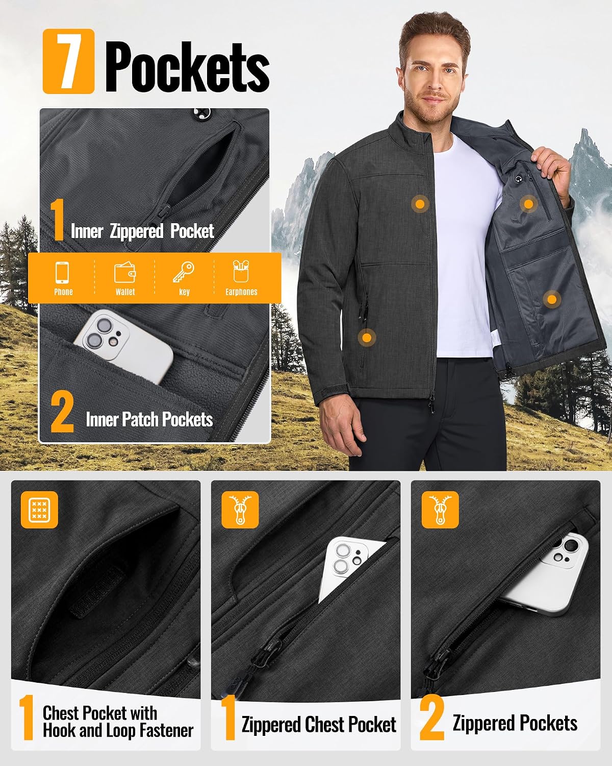 33,000ft Men's Lightweight Softshell Jacket Fleece Waterproof Windbreaker