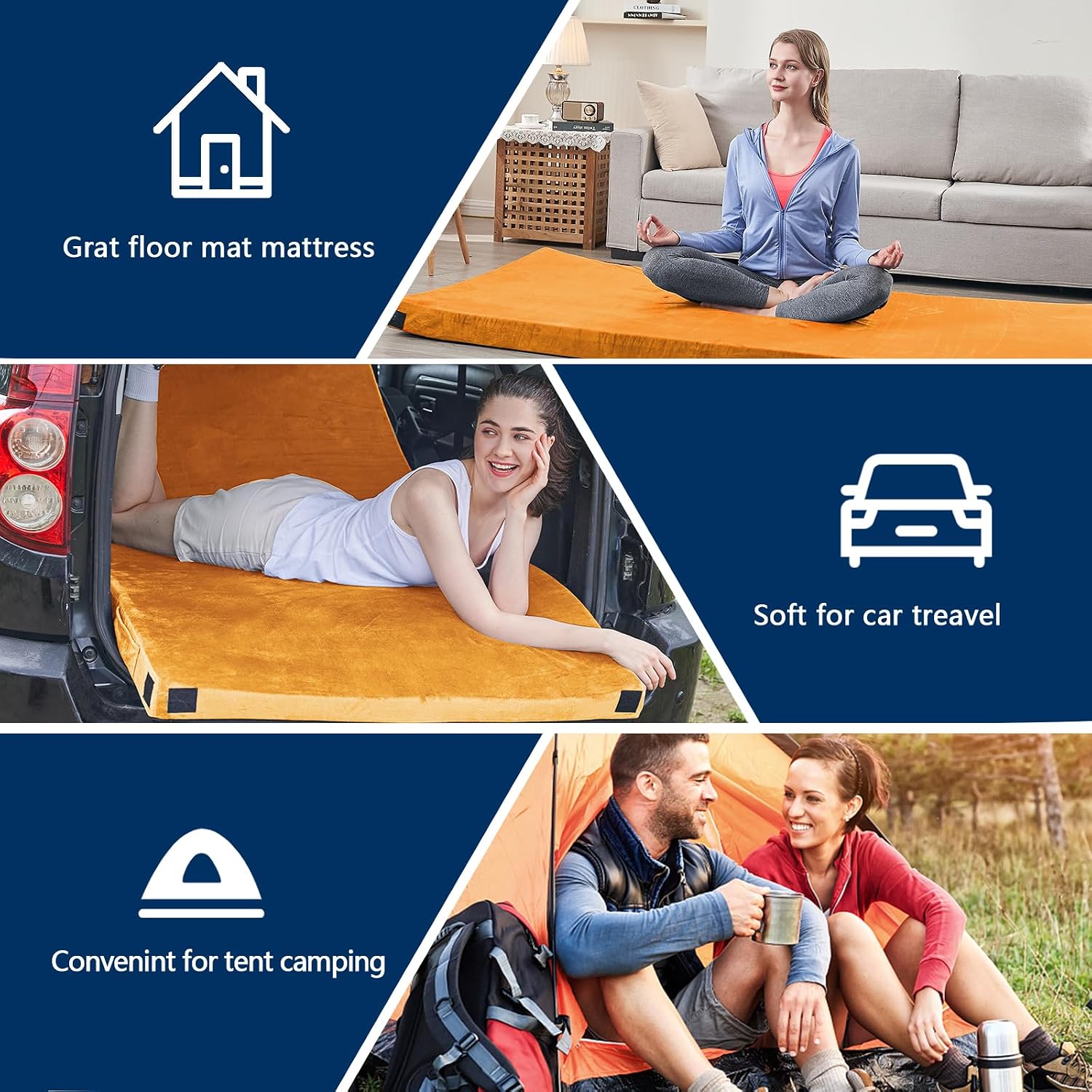 CYMULA Memory Foam Camping Mattress Pad, Sleeping Mat, Portable Roll Up Mattress for Adults, Camping Bed Pads for Sleepover, Car Bed with Travel Bag