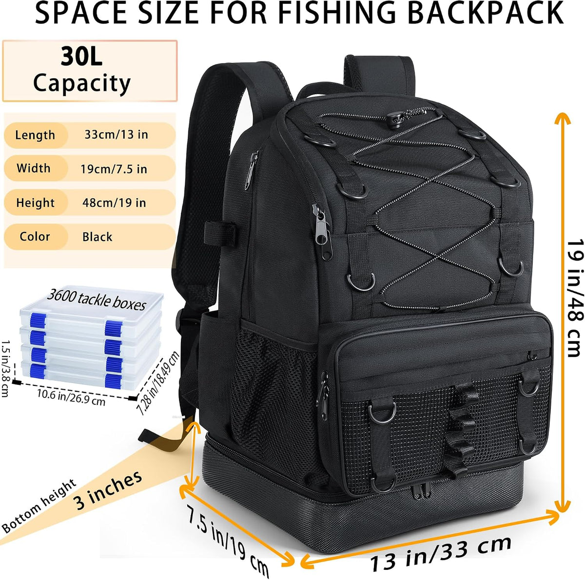 Fishing Backpack with 4 Tackle Boxes, Heavy Duty Fishing Bag with Waterproof Bottom, Tackle Backpack Gifts for Man Woman-Pure Black
