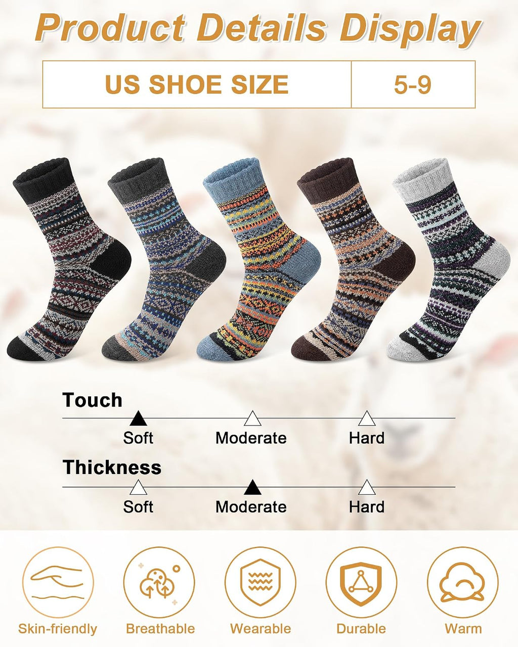 Senker Fashion Wool Socks for Women, 5 Pairs Winter Warm Crew Boot Socks