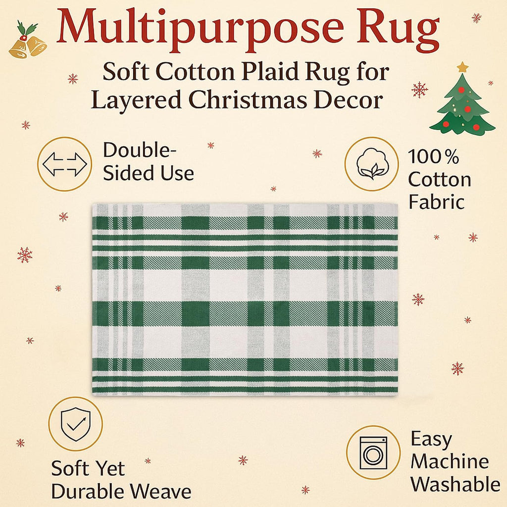 Christmas Green & White Check Rug - 28 x 43 Inches Outdoor Front Door Decor Mat Cotton Washable Hand-Woven Rug Christmas New Year Holiday Porch Entryway Layered Doormat