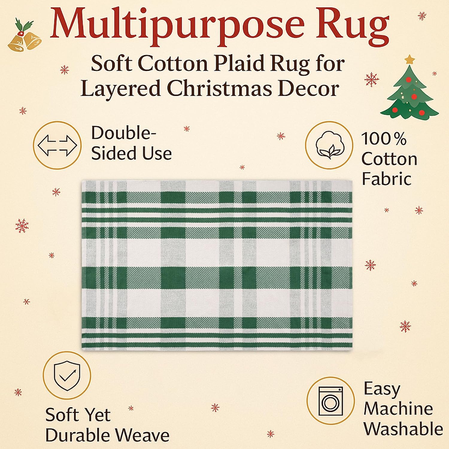 Christmas Green & White Check Rug - 28 x 43 Inches Outdoor Front Door Decor Mat Cotton Washable Hand-Woven Rug Christmas New Year Holiday Porch Entryway Layered Doormat