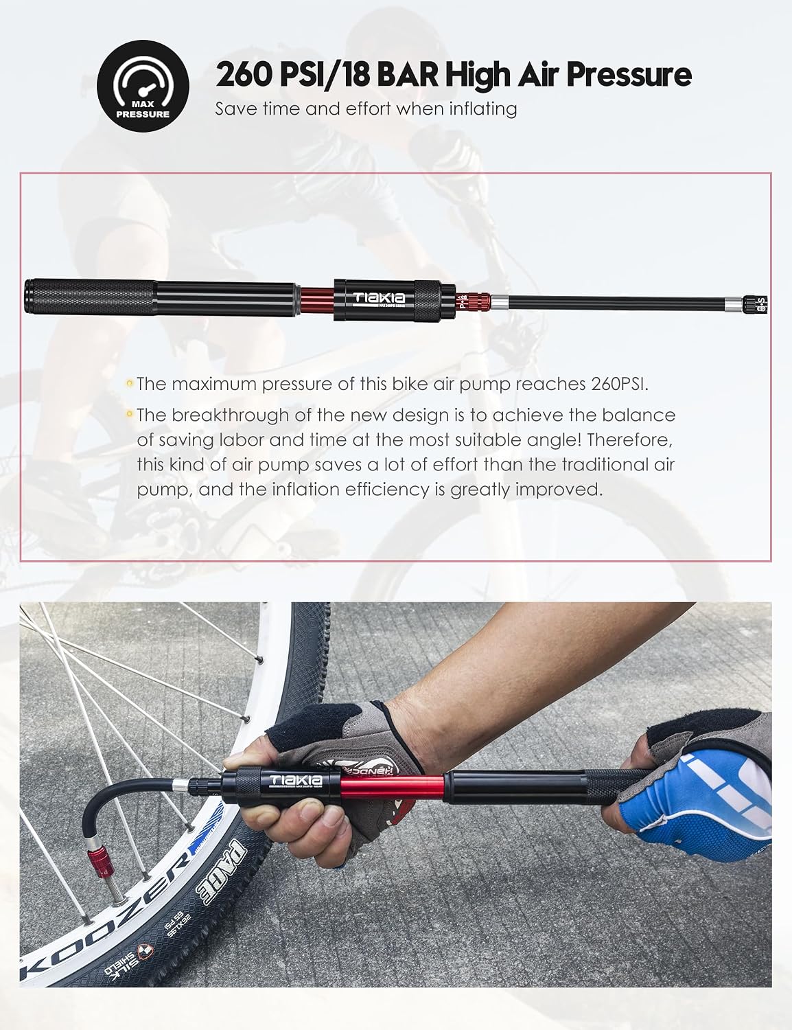 Tiakia Mini Bike Pump, 260PSI High Pressure for Road & Mountain Bikes