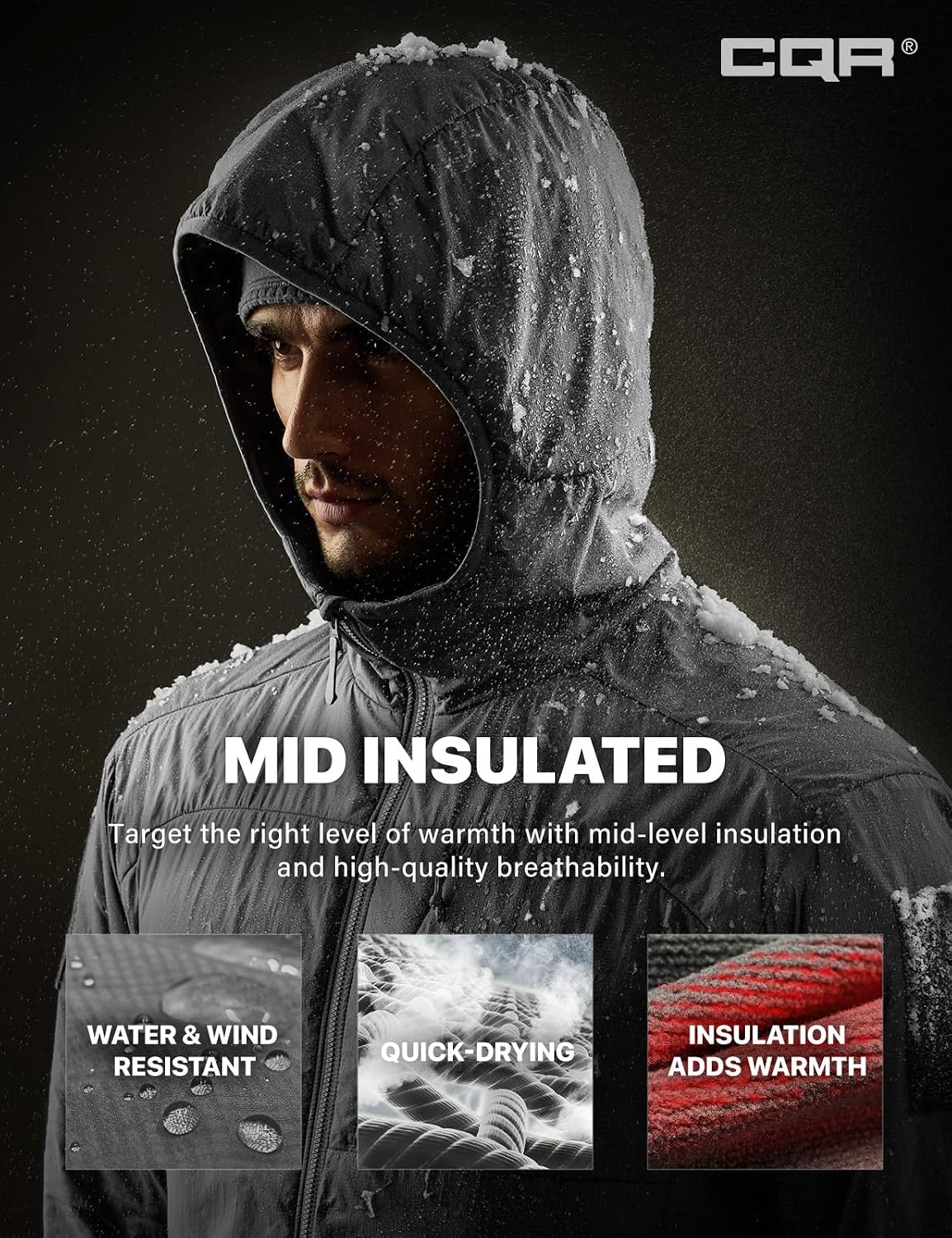 CQR Men's Lightweight Warm Insulated Jacket, Windproof Water Resistant Winter Active Coat for Hiking Work Outdoor Tactical