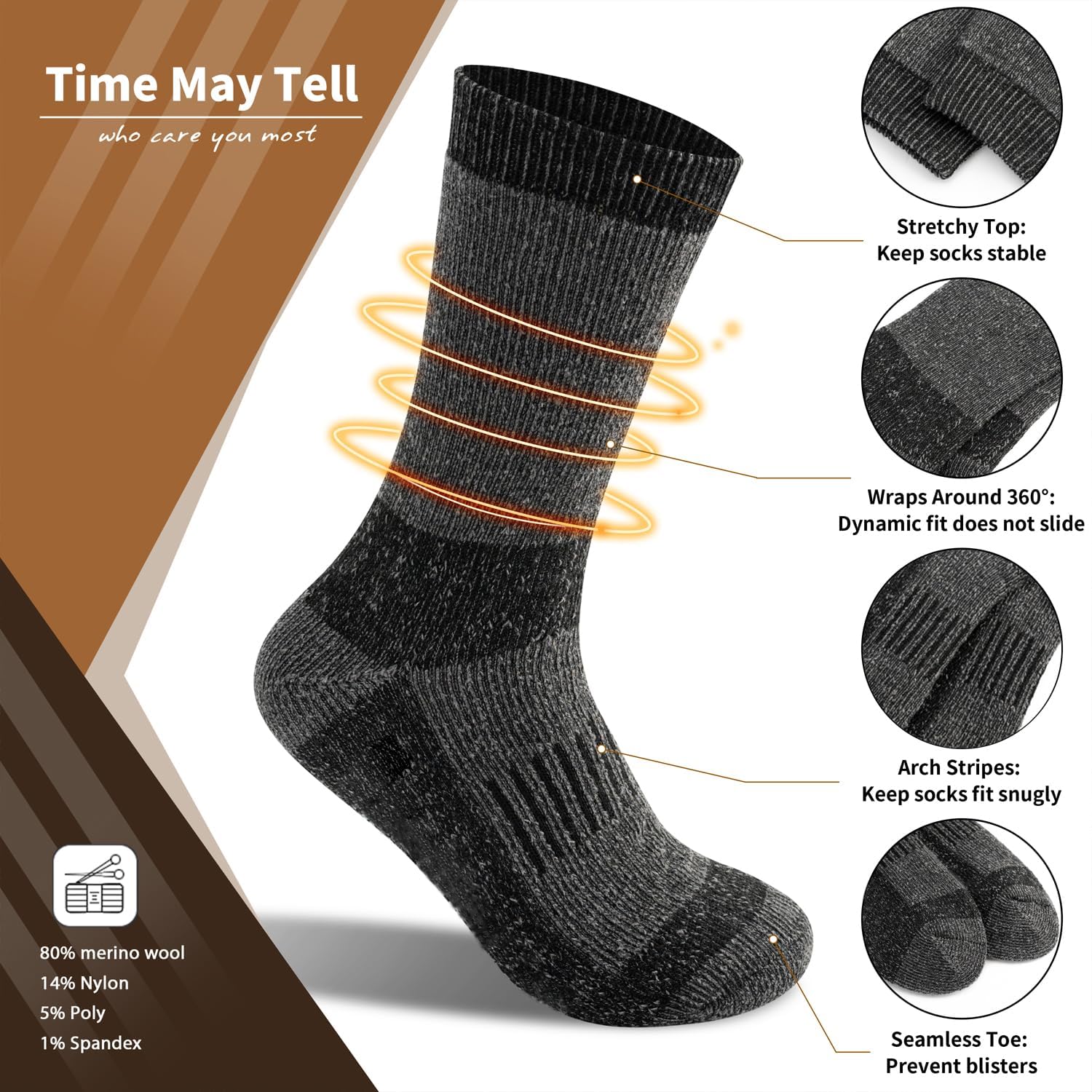 Time May Tell Mens Merino Wool Hiking Cushion Socks Thermal Warm Boot Socks