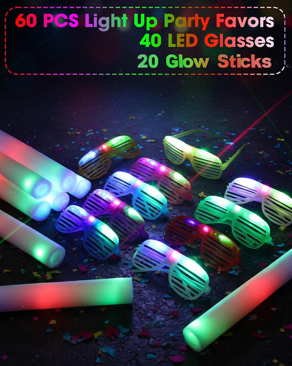 Maitys 60 Pcs Foam Stick Light up Glasses, Glow in the Dark Party Supplies