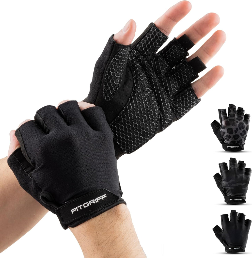 Fitgriff® Workout Gloves (Padded) for Men & Women - Fingerless Gym Gloves for Weight Lifting, Training - Full Palm Protection
