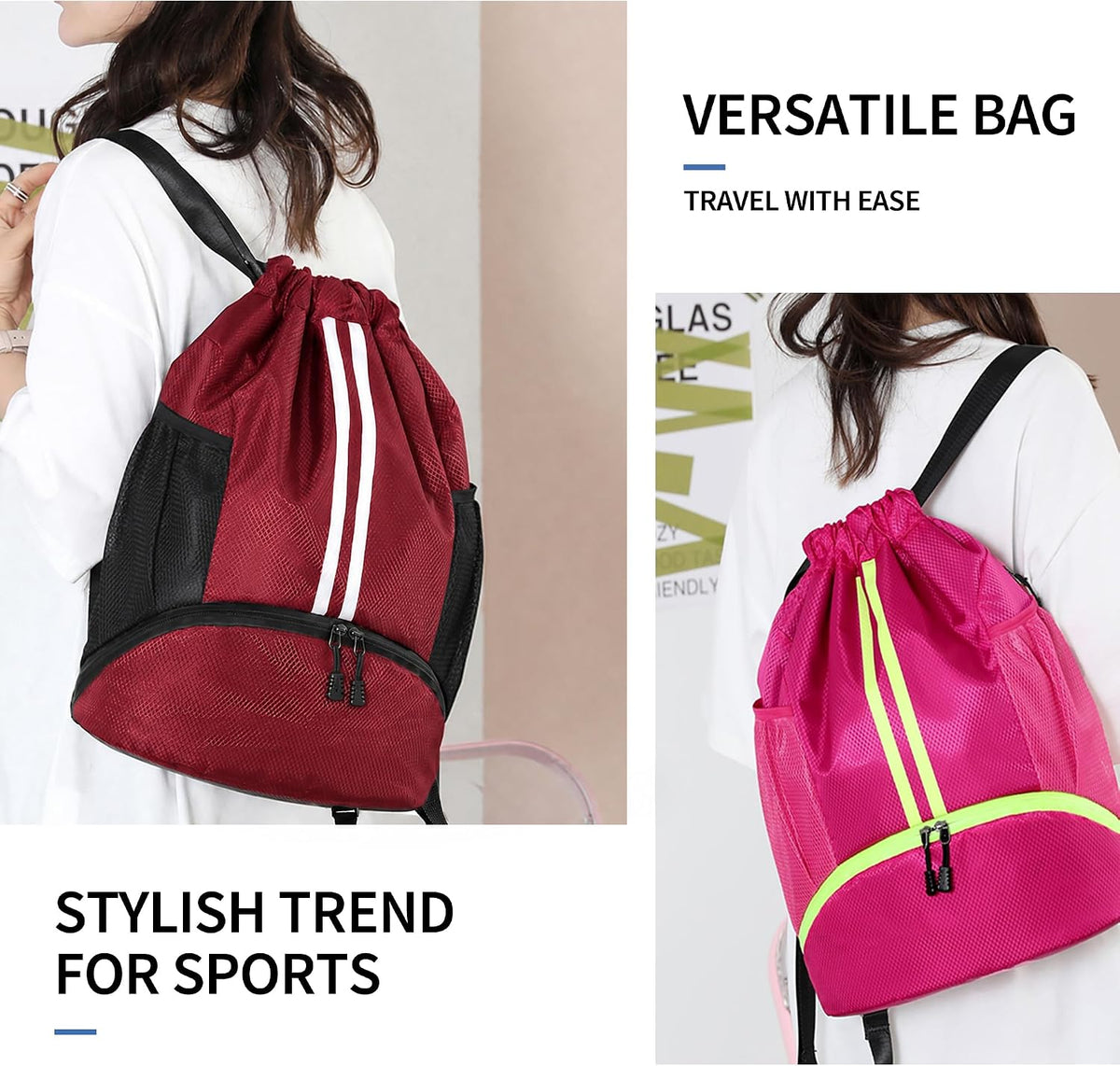 JELUTAR Drawstring Backpack Gym Bag with Shoes Compartment, Burgundy