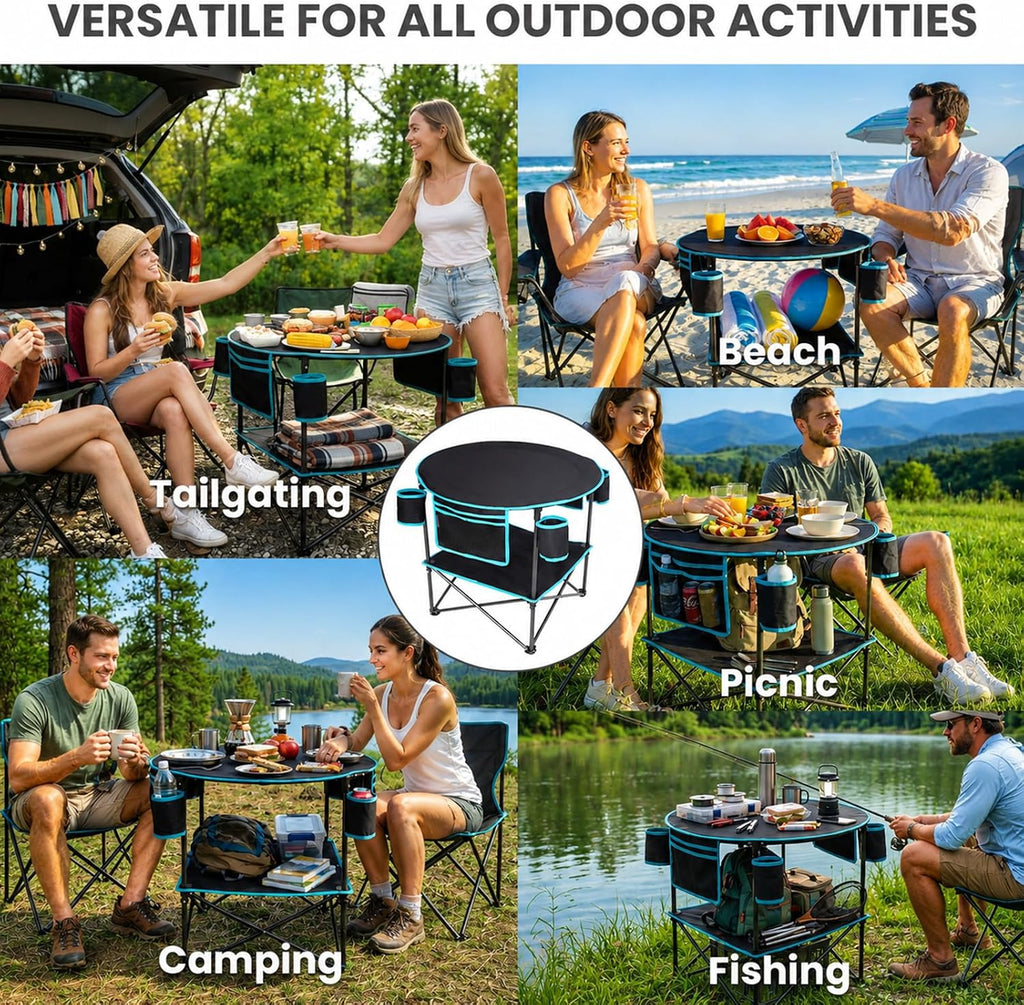 FUNDANGO Portable Folding Camping Table with 4 Cup Holders, 2-Tier