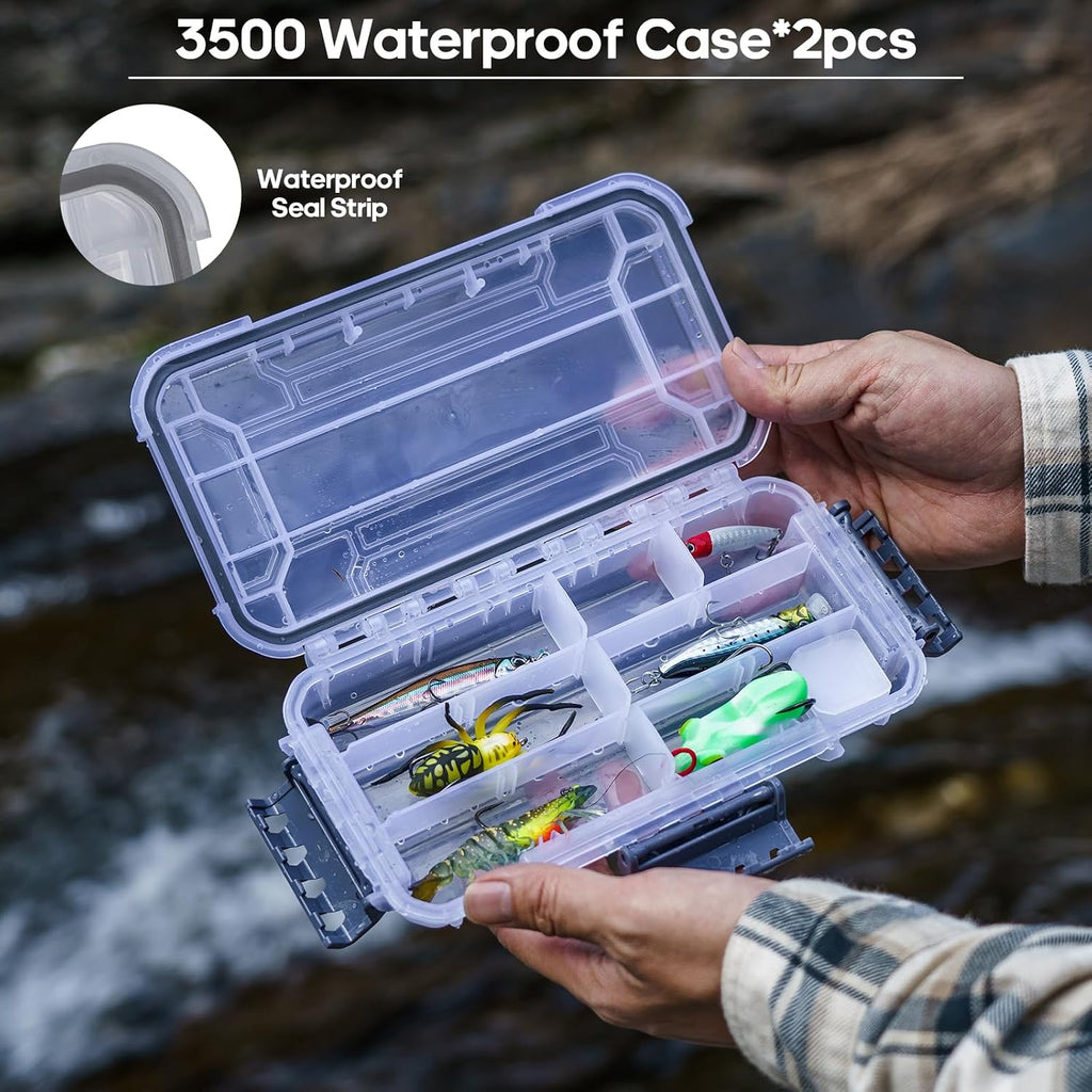 THKFISH Waterproof Double Side Tackle Box, Portable Storage Box with 2 Pack 3500 Stowaway Boxes & Rod Holders, Fishing Lure Organizer YellowPink/Green/Blue/Grey (L-Yellow)