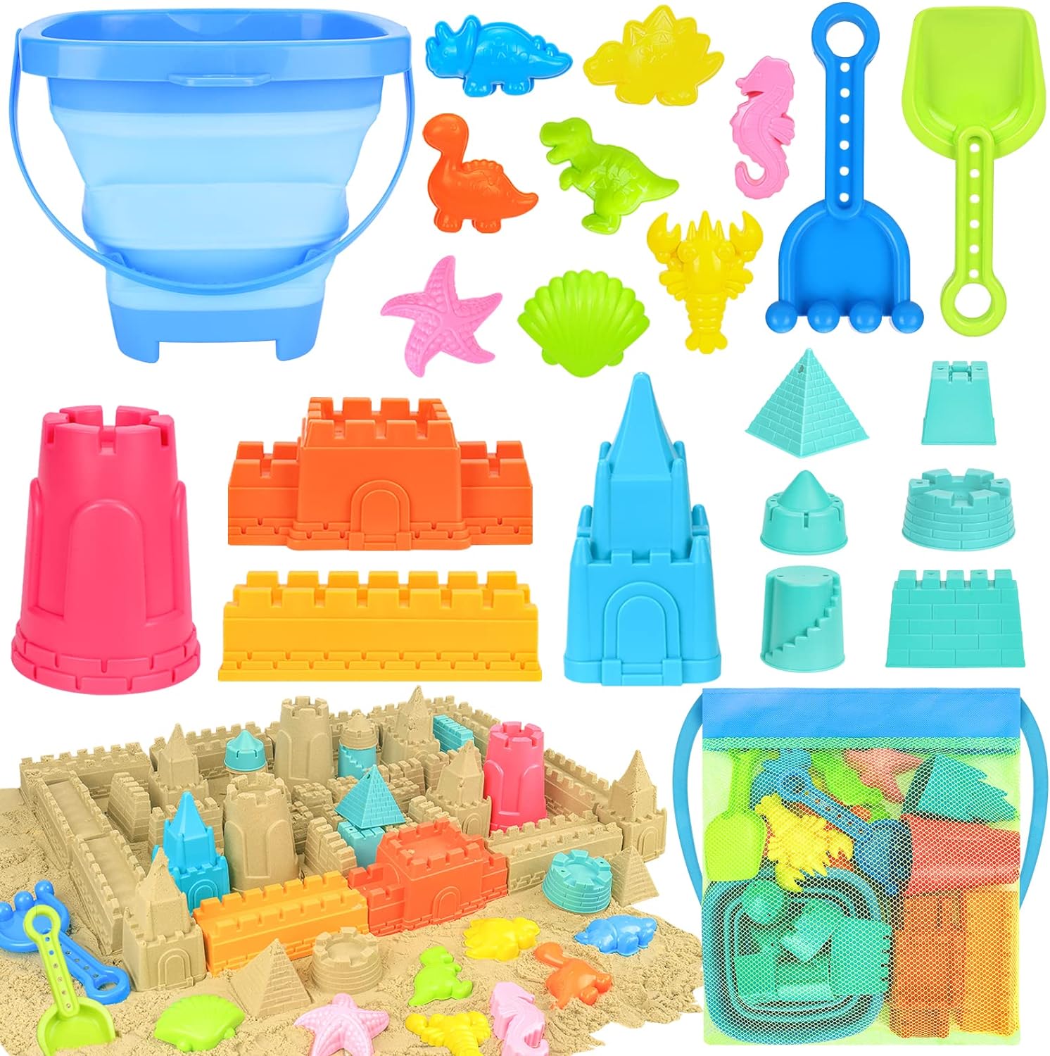 RACPNEL Beach Toys with Collapsible Bucket, Sand Castle Kit for Kids 3-12 | Castle Building Kit, Shovels, Portable Mesh Bag for Sandbox, Backyard, Summer Travel, Beach Games, Multi-Scene Outdoor Fun
