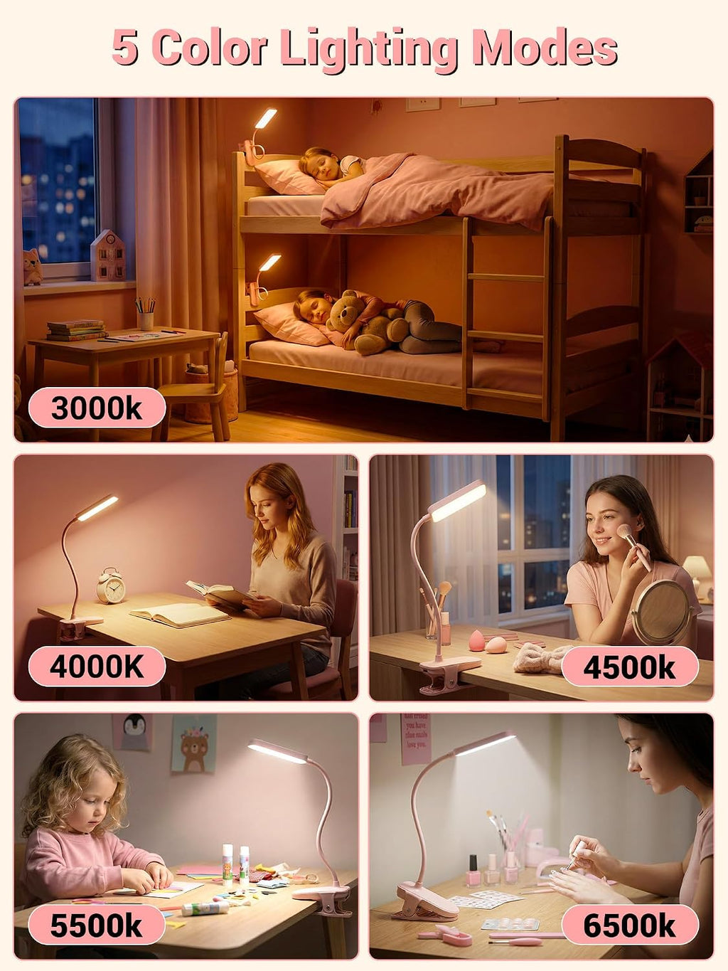 Pink Desk Lamp for Dorm Lamp, 9 Brightness+5 Color Clip on Light, Cute Lamp