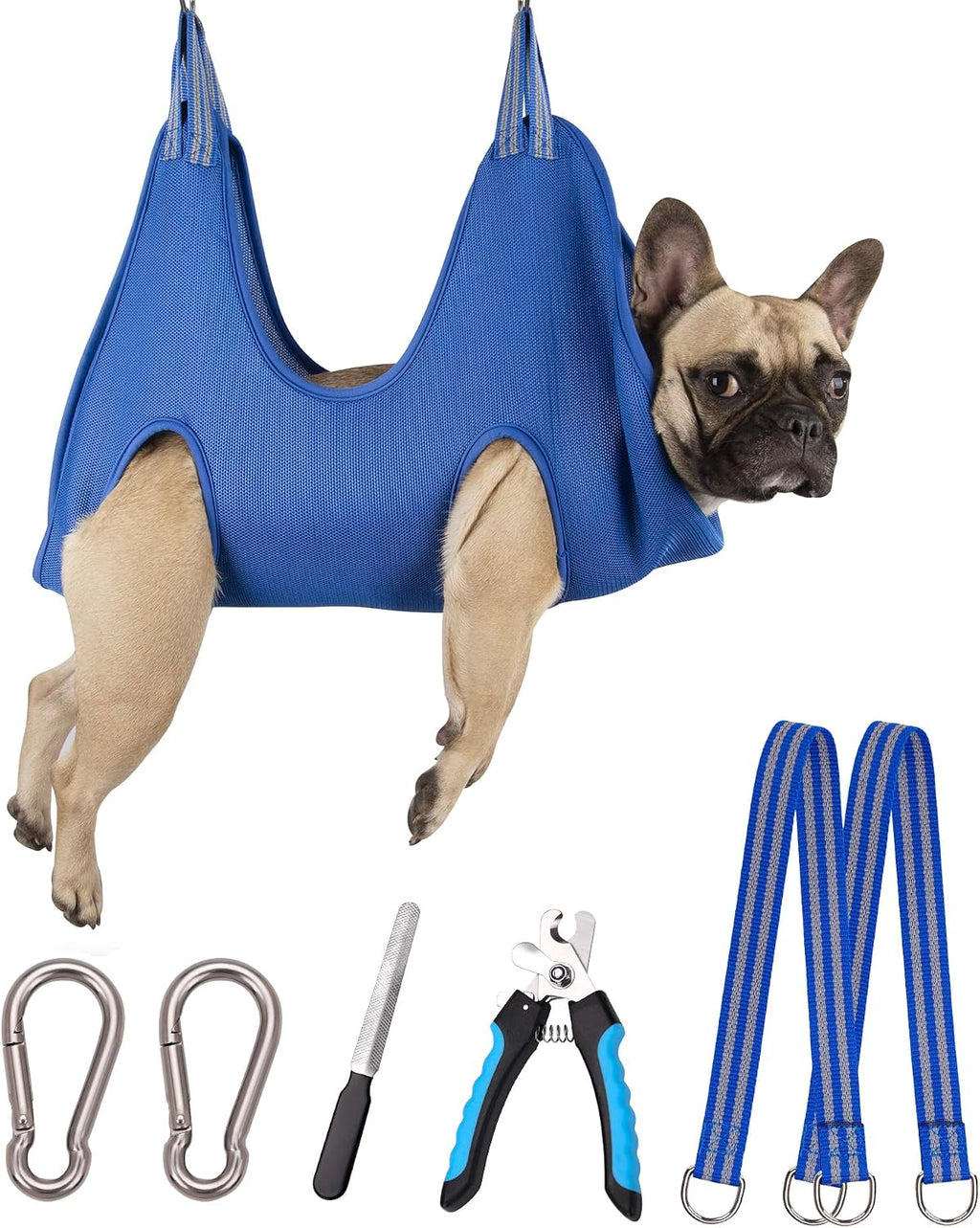 Kkiimatt 10 in 1 Dog Pet Grooming Hammock Harness with Nail Clippers/Trimmer, Dog Hammock for Nail Trim, Grooming Sling Hanger for Nail Trimming/Clipping (S/Under 30lb, Blue)