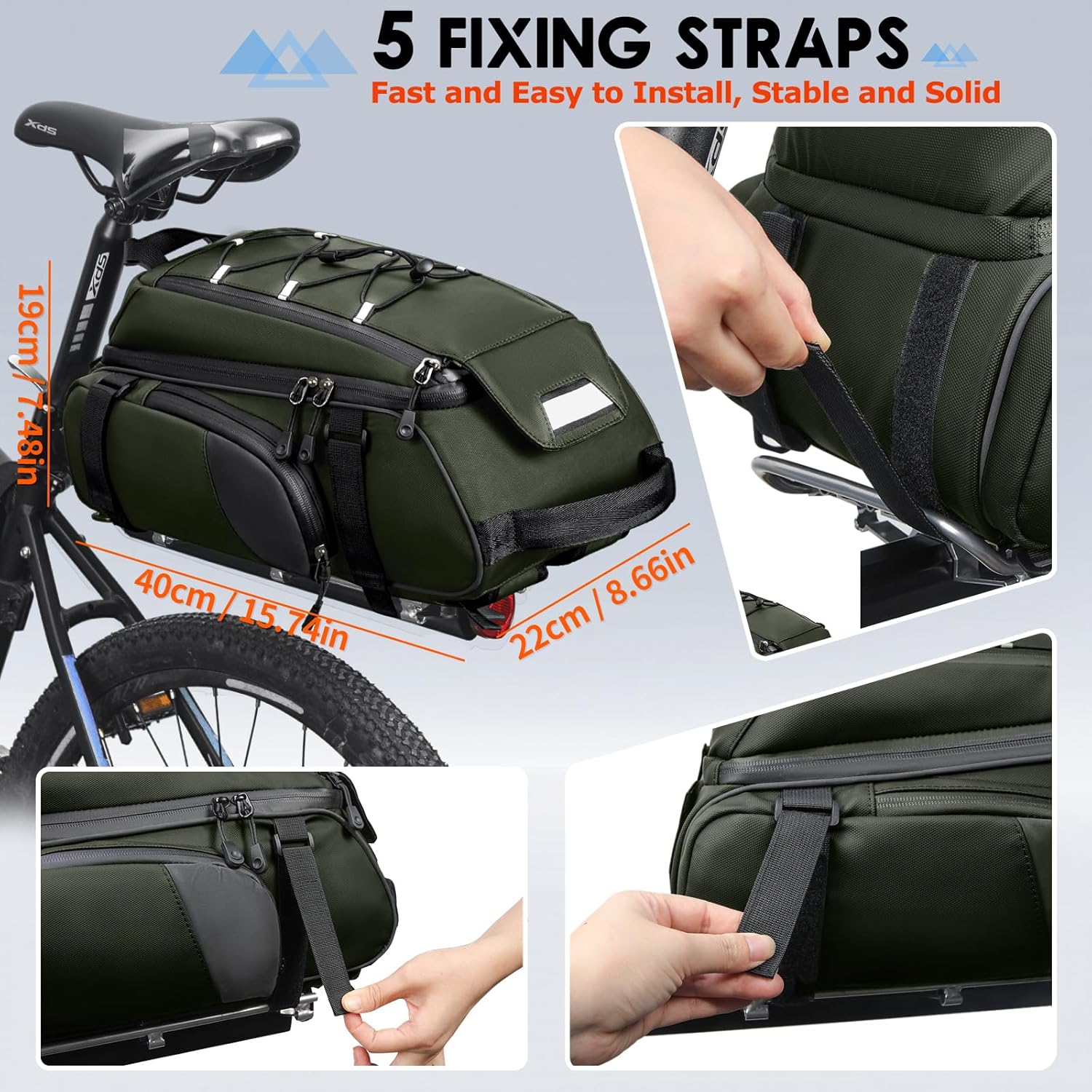 RAINSMORE Bike Bag for Bicycle Rear Rack 15L Waterproof Ebike Trunk Bag