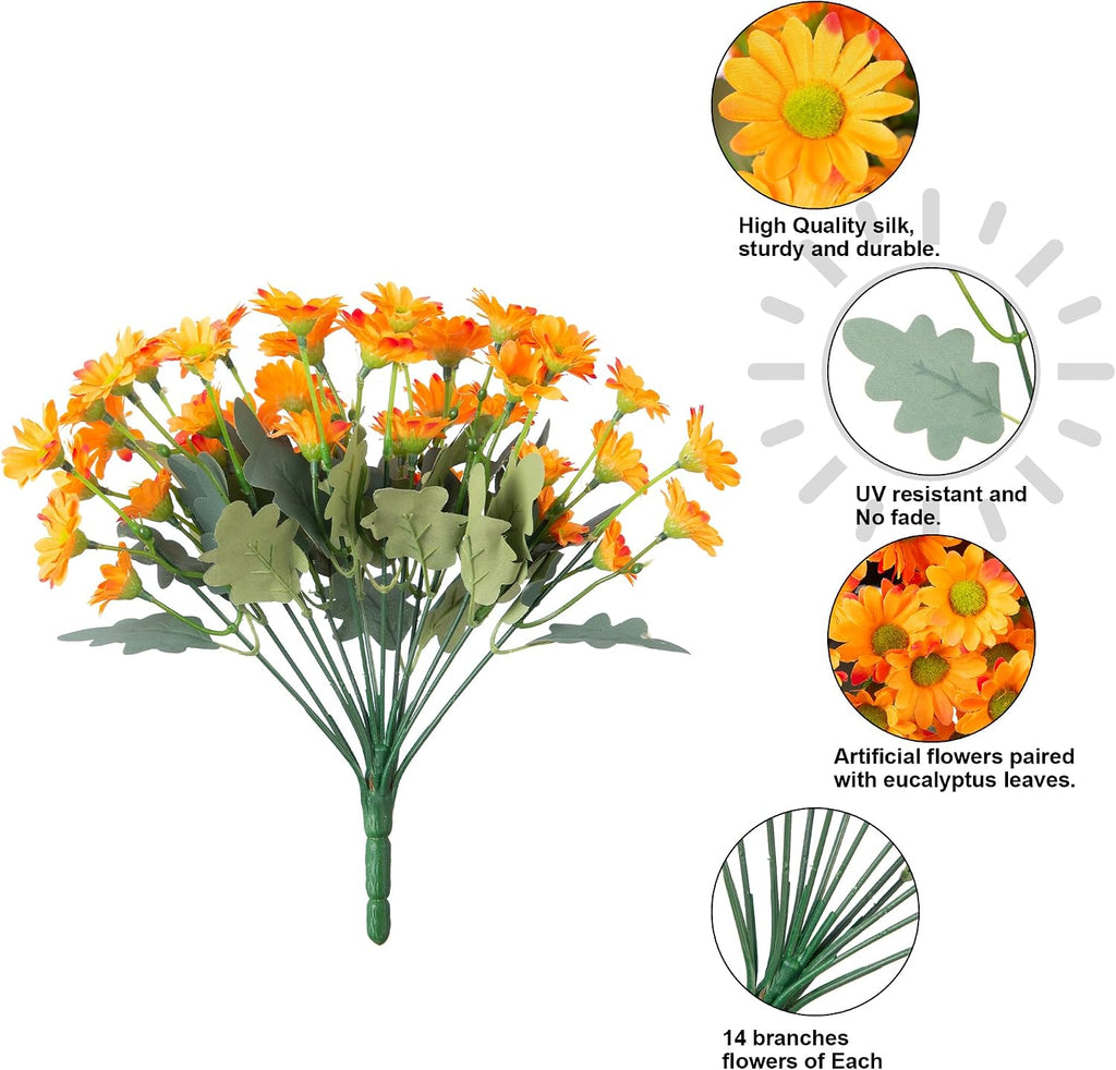 Daisy Artificial Flowers for Outdoors Autumn Fall Decor, 6 Bundles Fake Mums Orange Silk Flowers for Outside Look Real UV Resistant Fake Plants Faux Flowers for Planter Front Door Home Indoor Porch