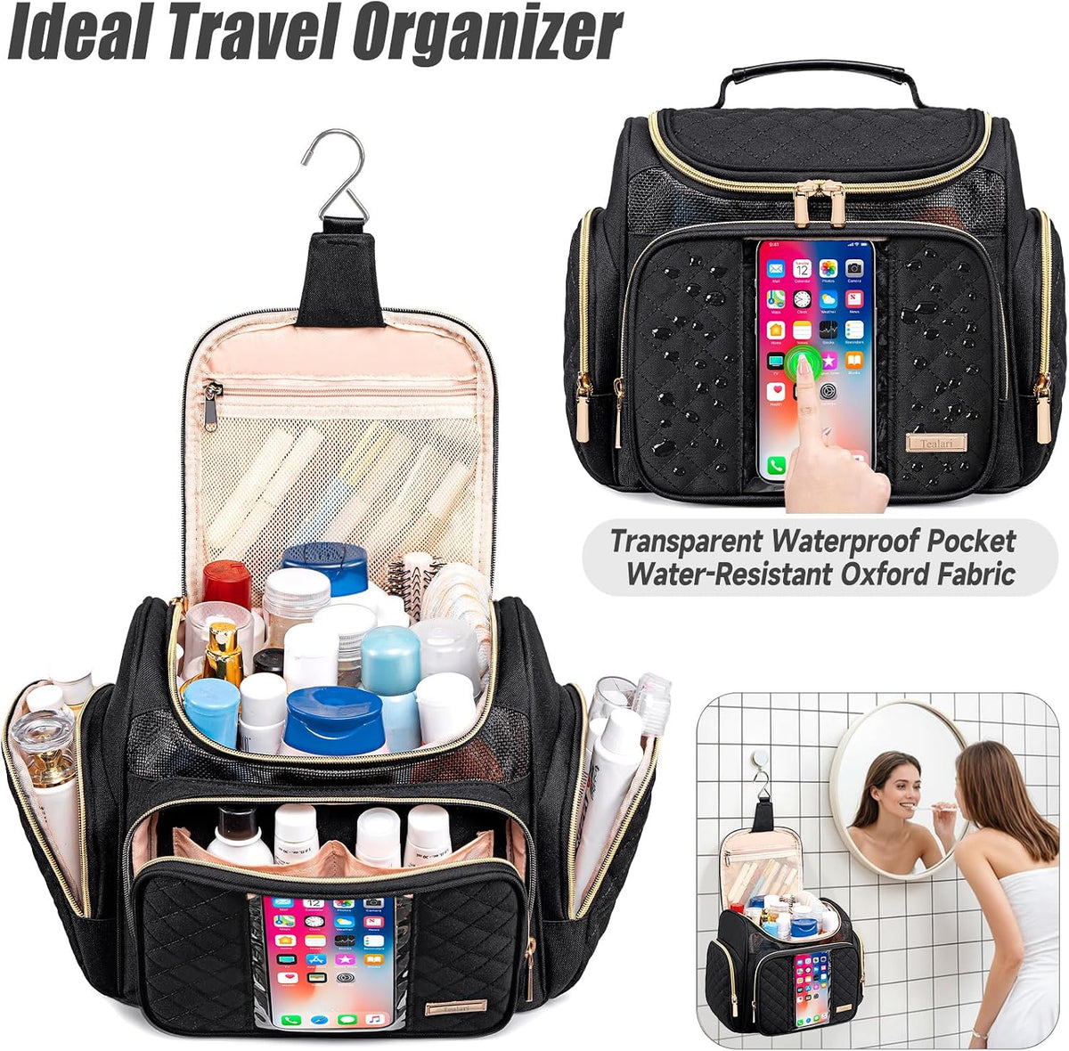Tealari Large Toiletry Bag for Women Men,Bathroom Bag,Water Resistant Shower Bag,Makeup Bag,Portable Shower Caddy for College Dorm,Hanging Travel Toiletry Bag with Transparent Waterproof Phone Pocket